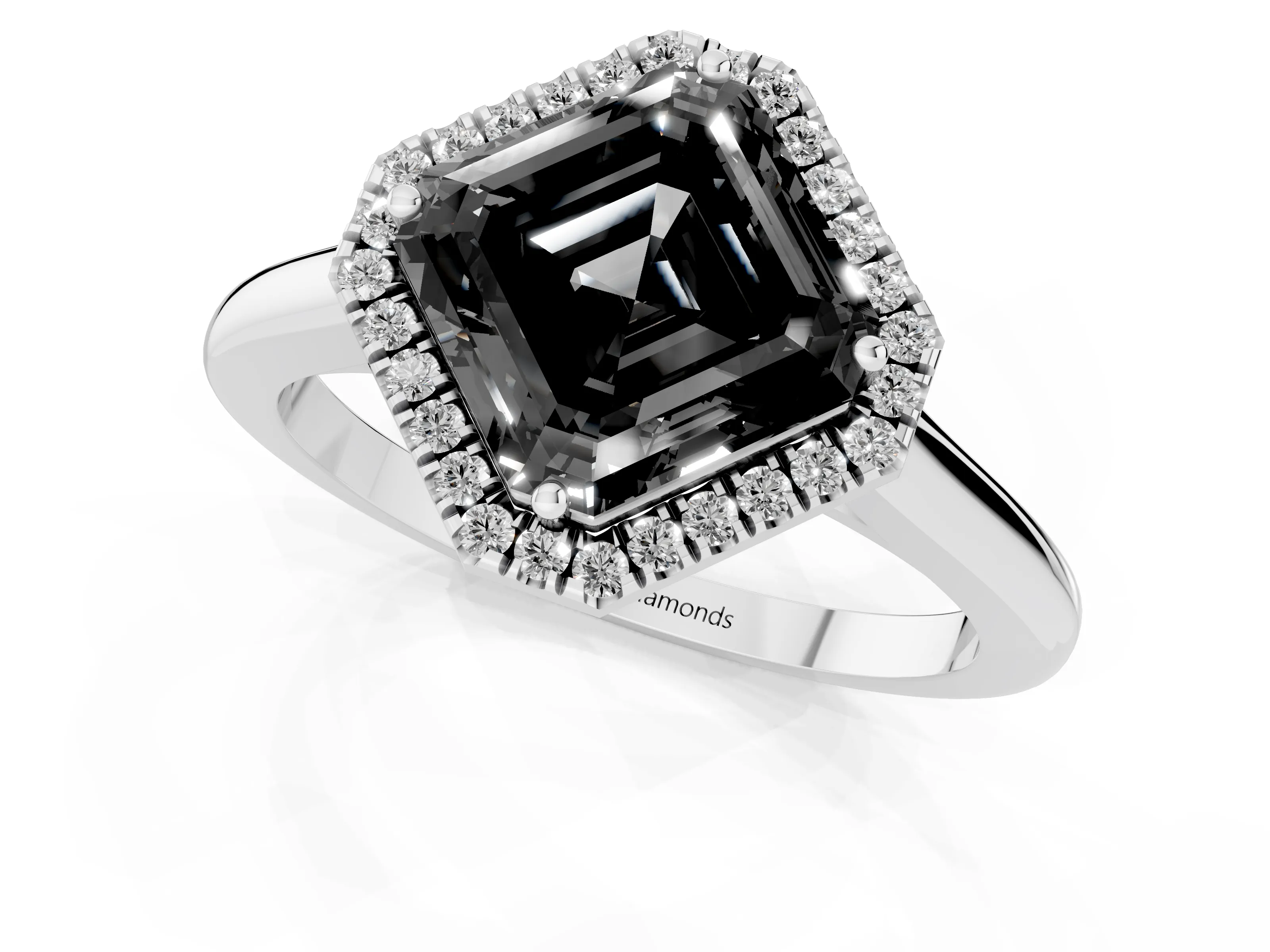 Fancy Black Asscher Cut Diamond Halo Engagement Ring Set in White gold with Pavé Band and Rising Shoulders – second view