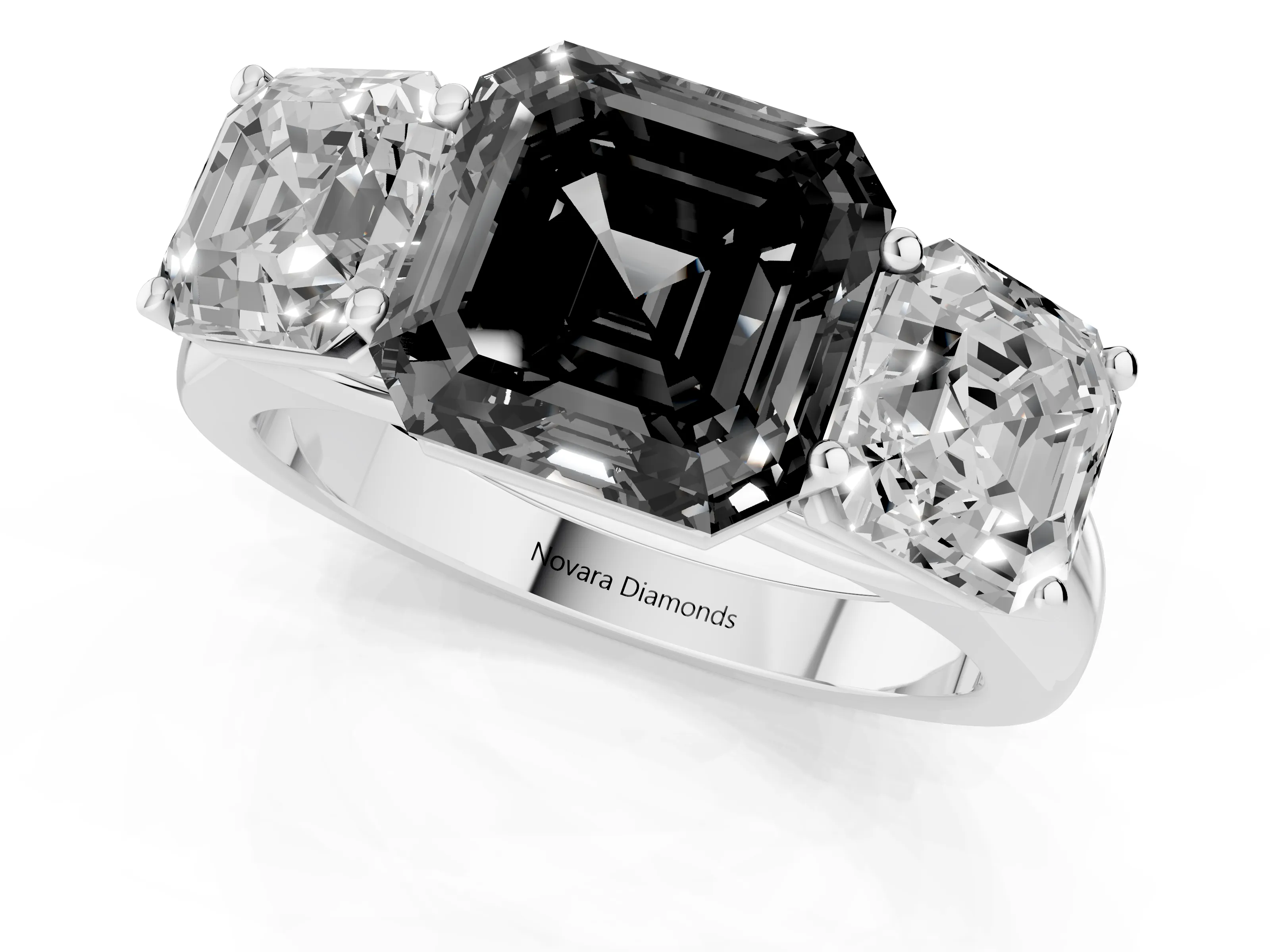 Fancy Black Asscher Cut Diamond Three-Stone Ring Set in White gold with Plain Polished Band