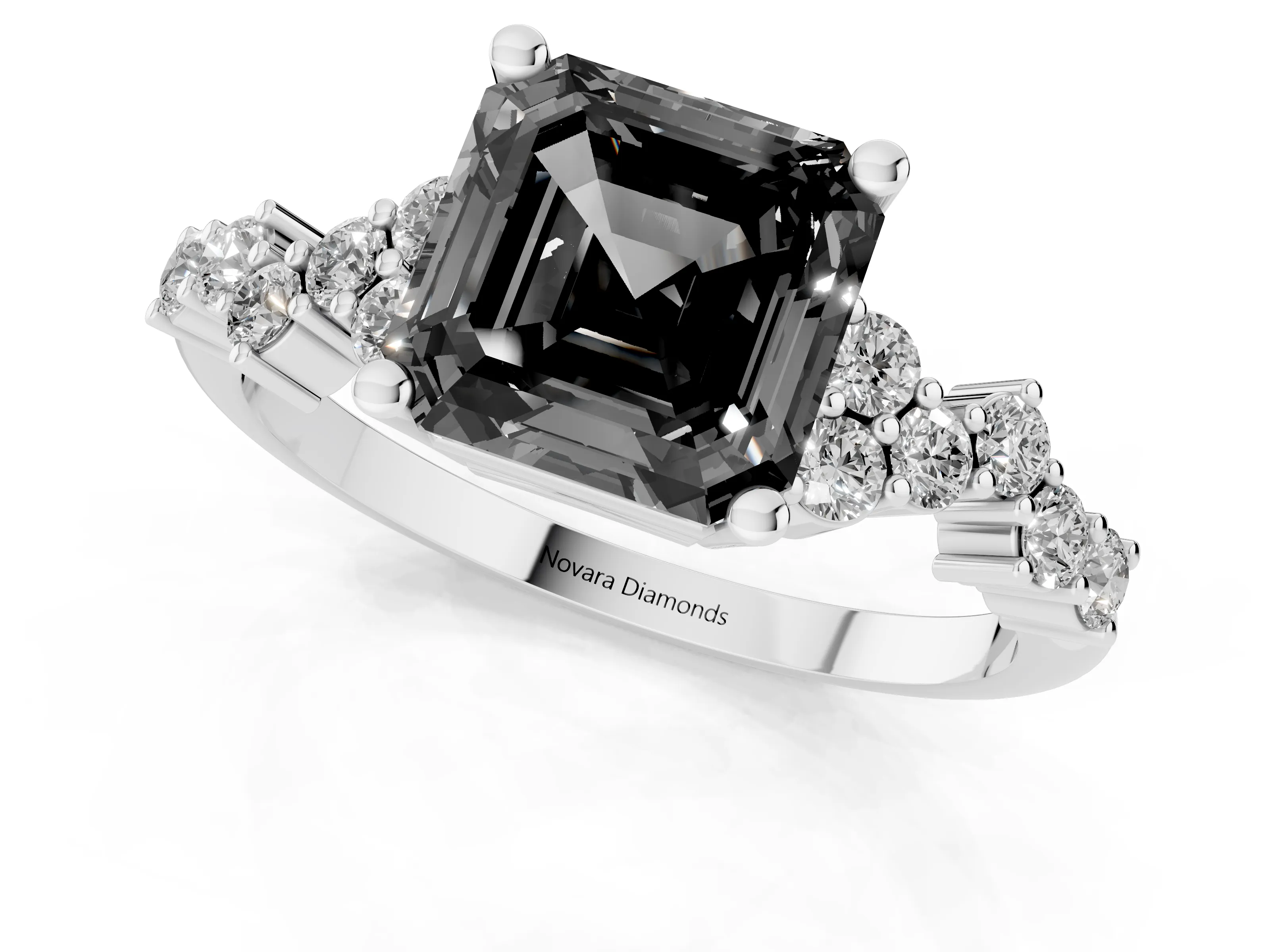 Fancy Black Asscher Cut Diamond Ring Set in Silver with Scattered Round Accents