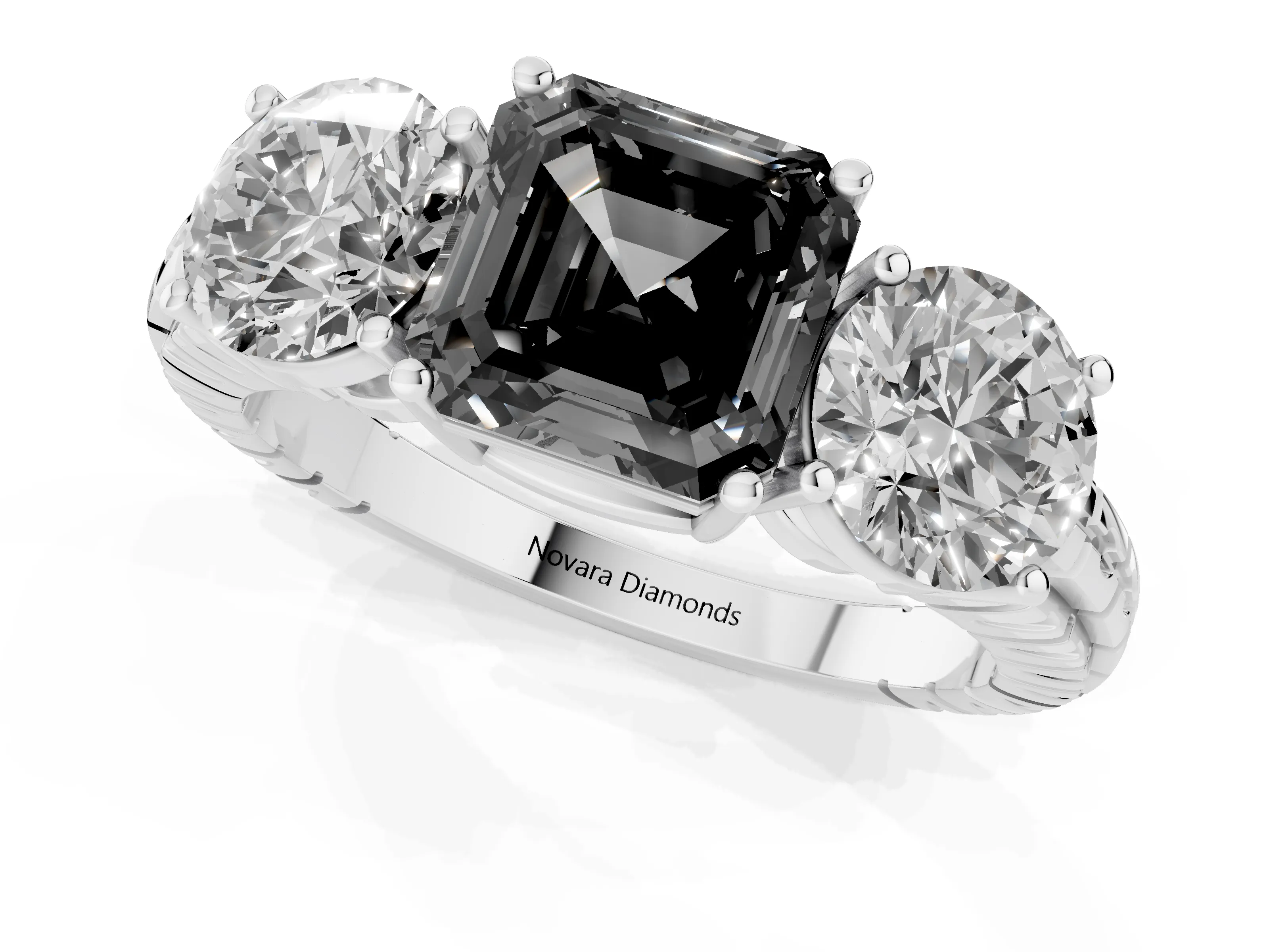 Fancy Black Asscher Cut Diamond Three-Stone Ring Set in Silver with Channel-Set Accent Band