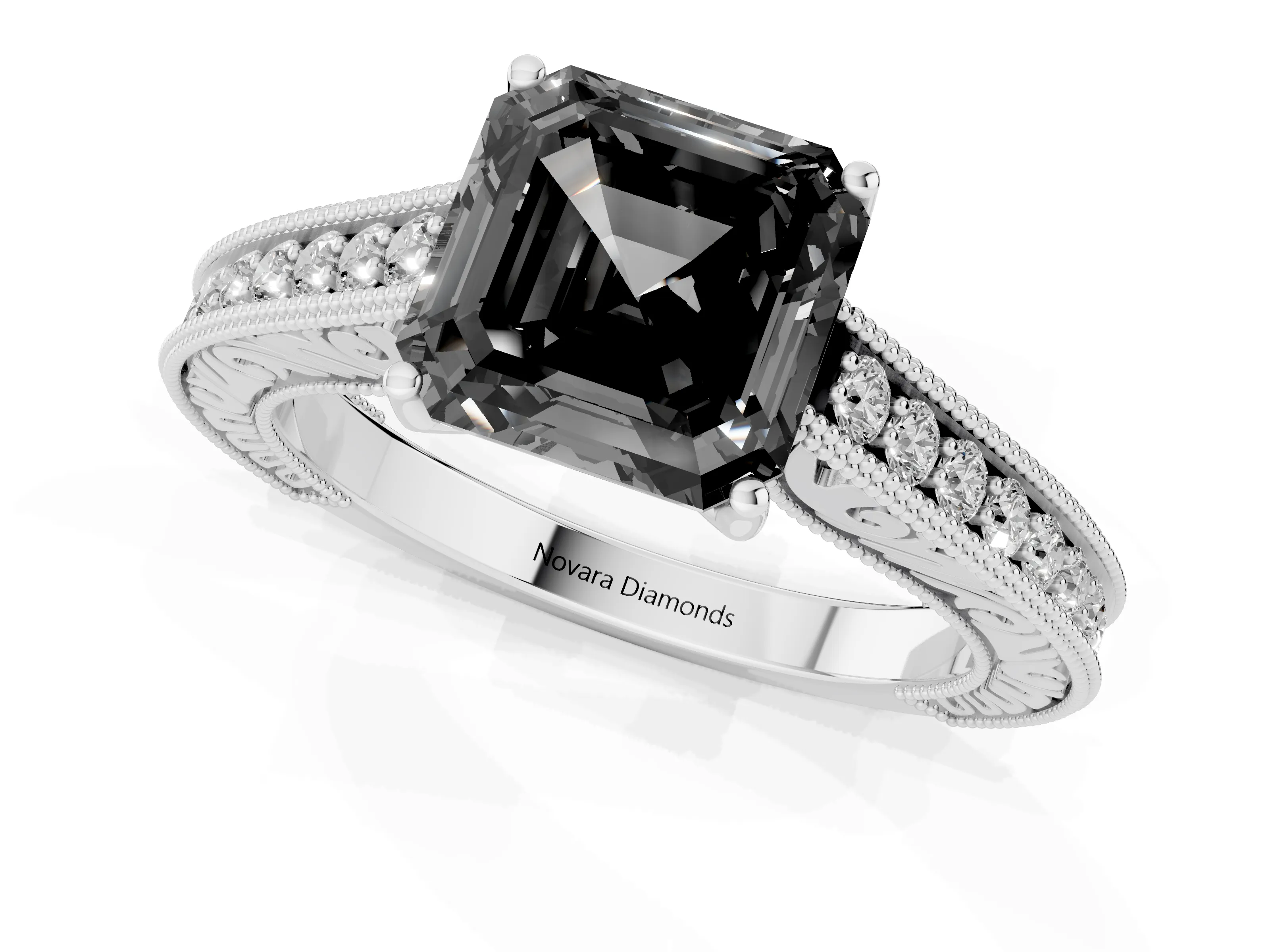 Fancy Black Asscher Cut Diamond Milgrain Pavé Band Solitaire Ring Set in Platinum with Prong Setting
