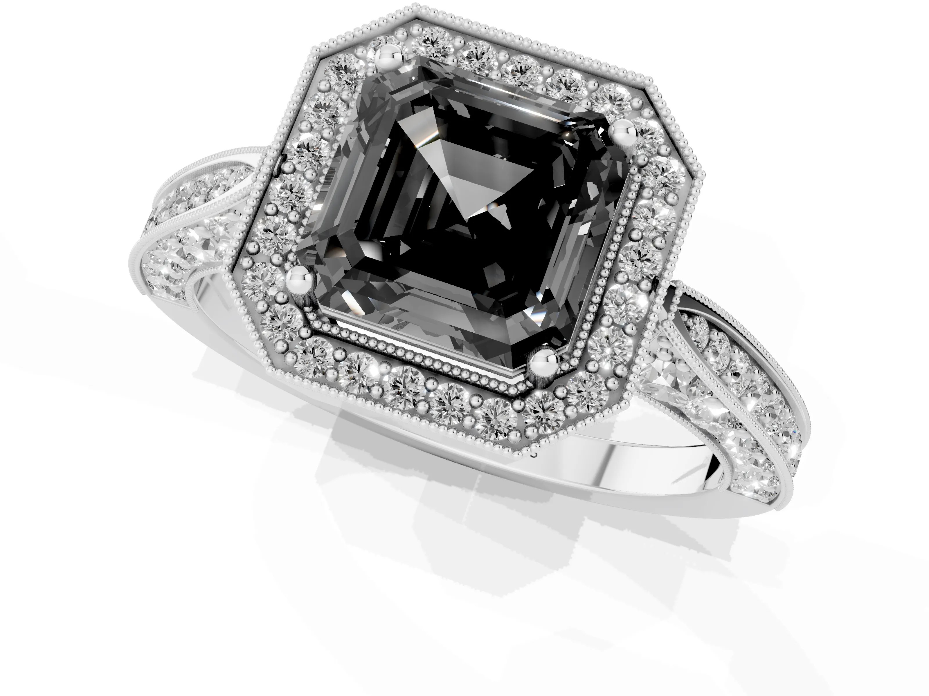 Fancy Black Asscher Cut Diamond Halo Engagement Ring Set in Platinum with Accent Split Shank Band
