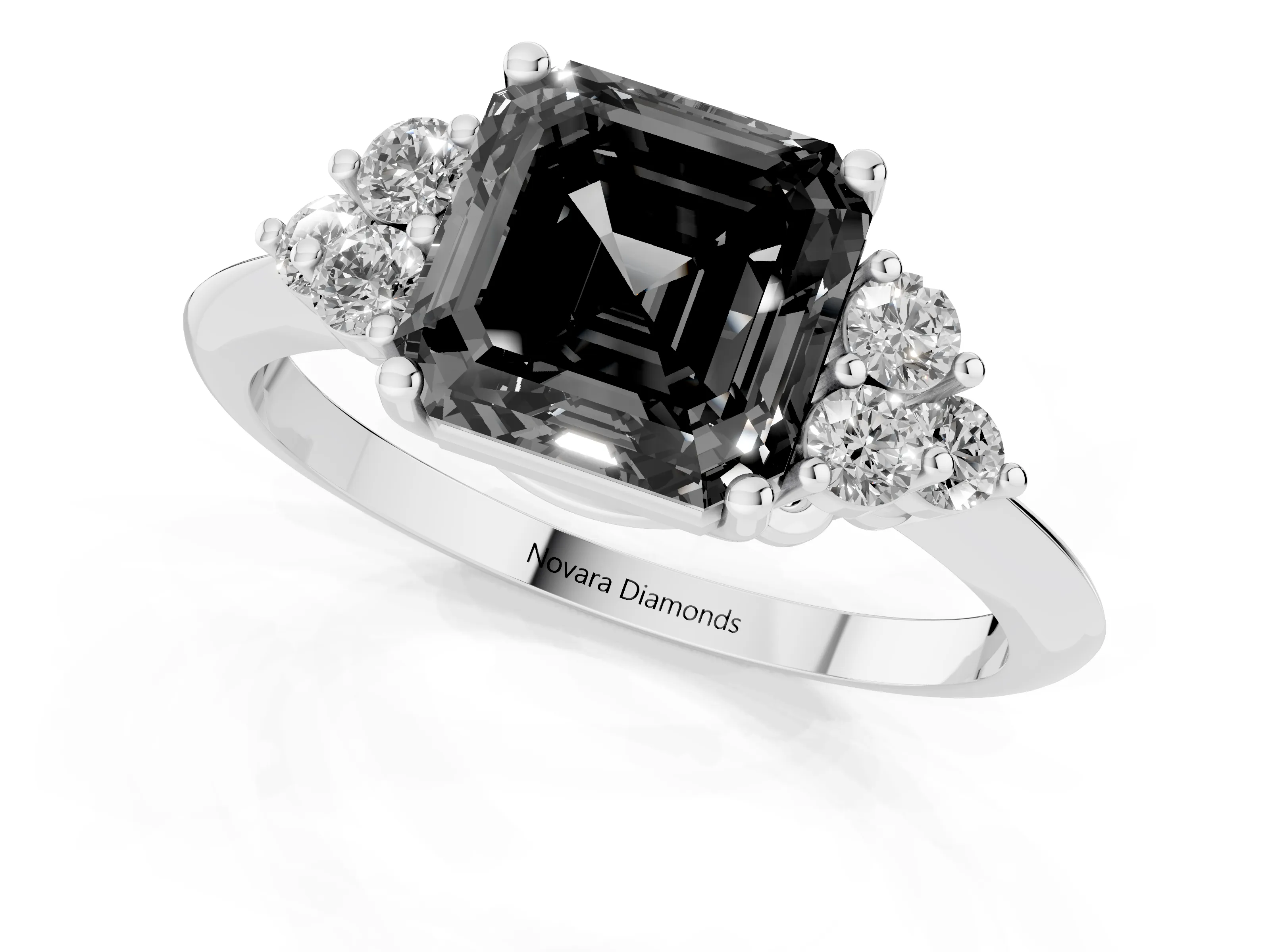 Fancy Black Asscher Cut Diamond Cluster Ring Set in White gold with Plain Band and Prong Setting