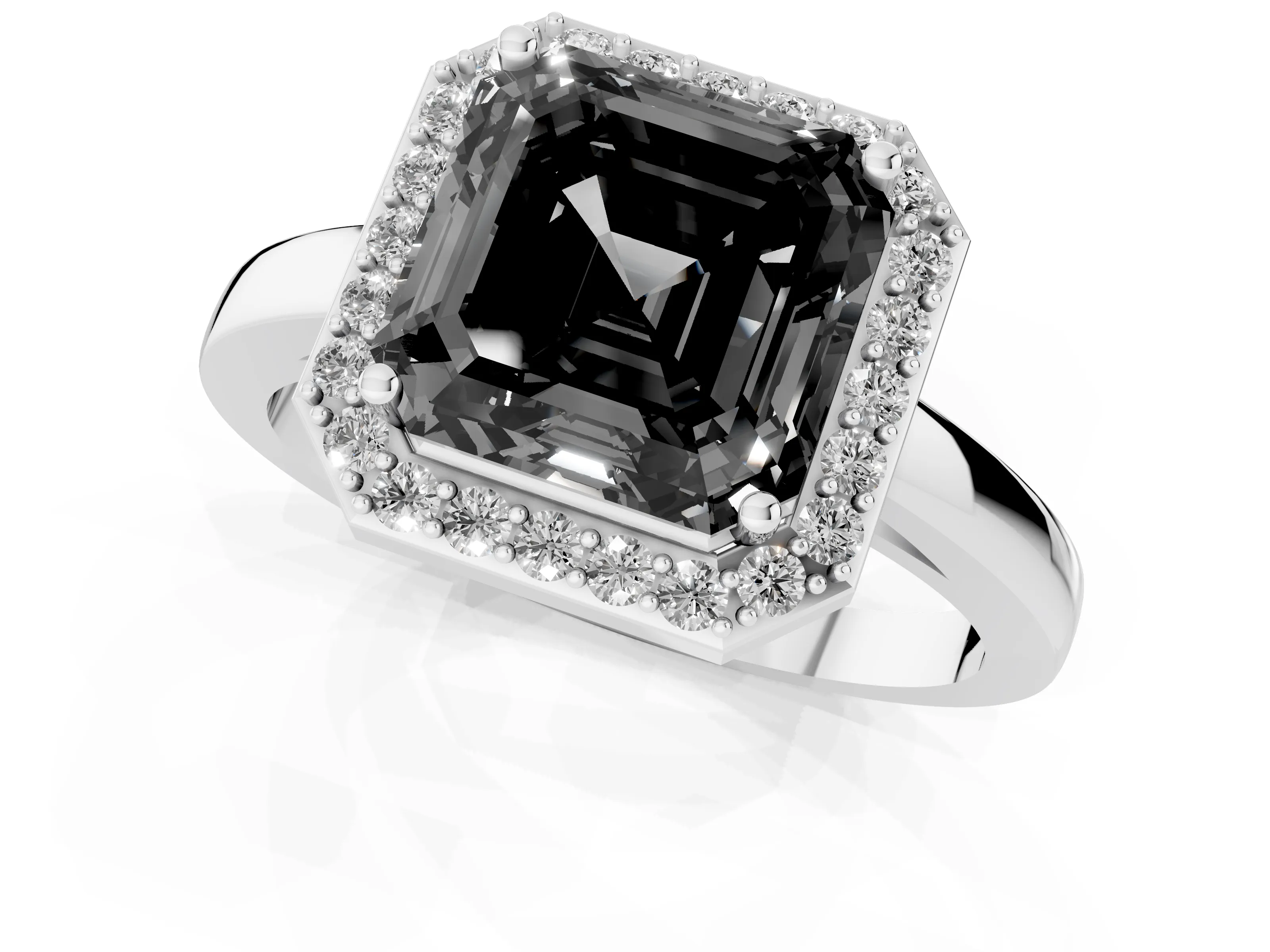 Fancy Black Asscher Cut Diamond Halo Ring Set in White gold with Solitaire Band and Prong Setting