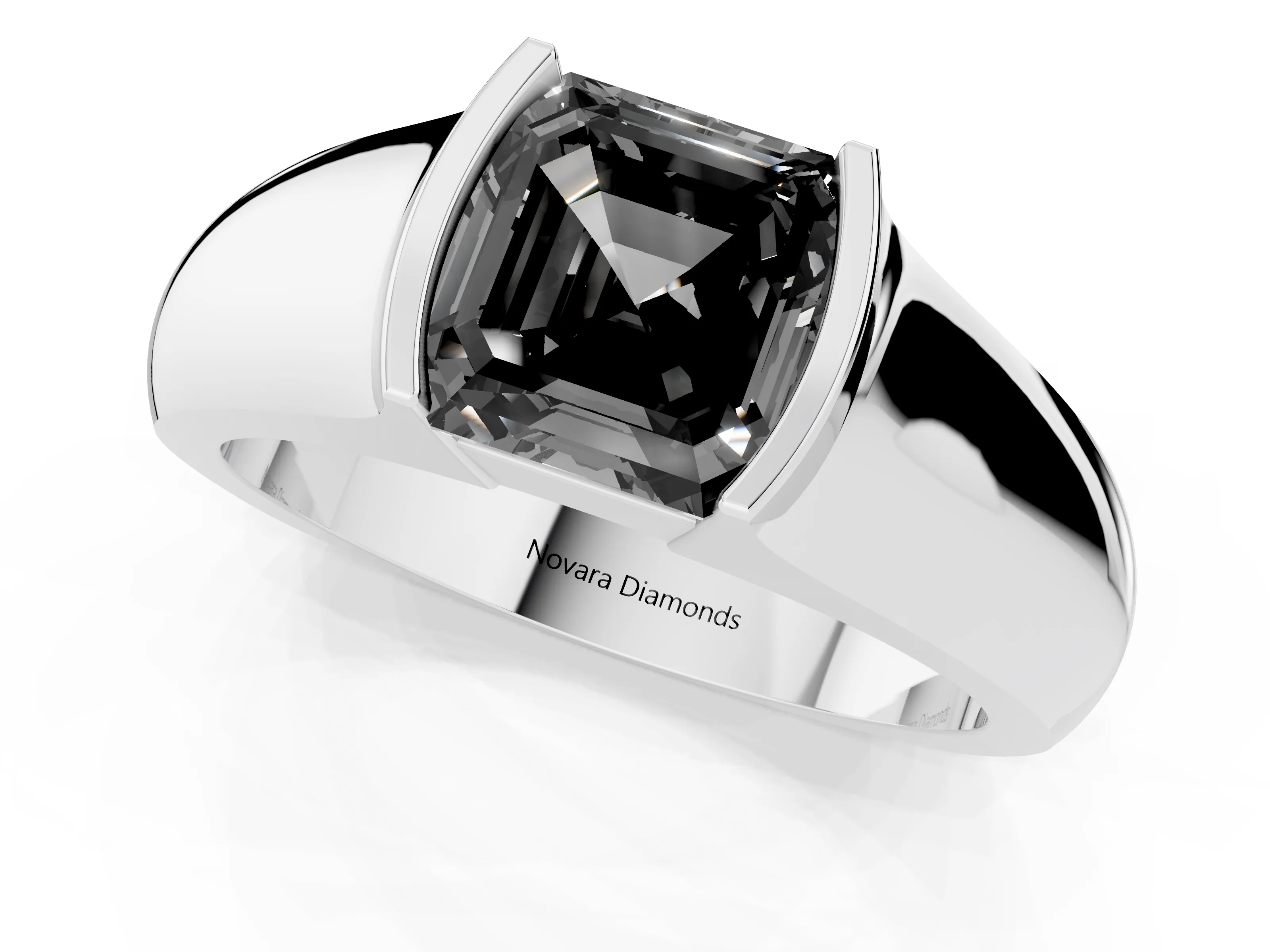 Fancy Black Asscher Cut Diamond Bezel Solitaire Ring Set in White gold with Wide Band