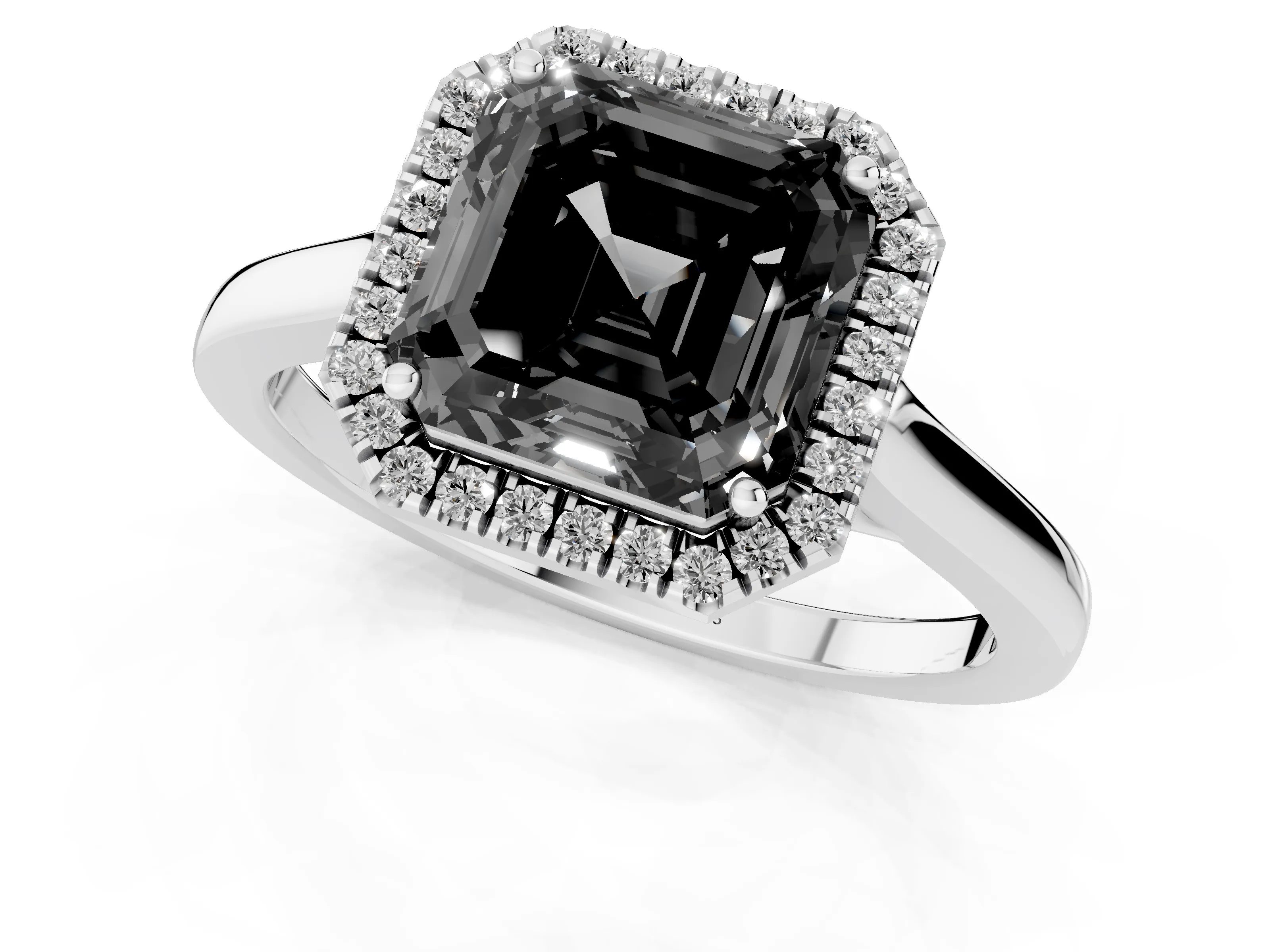 Fancy Black Asscher Cut Halo Round Diamond Solitaire Ring Set in Platinum with Pavé Band and Prong Setting