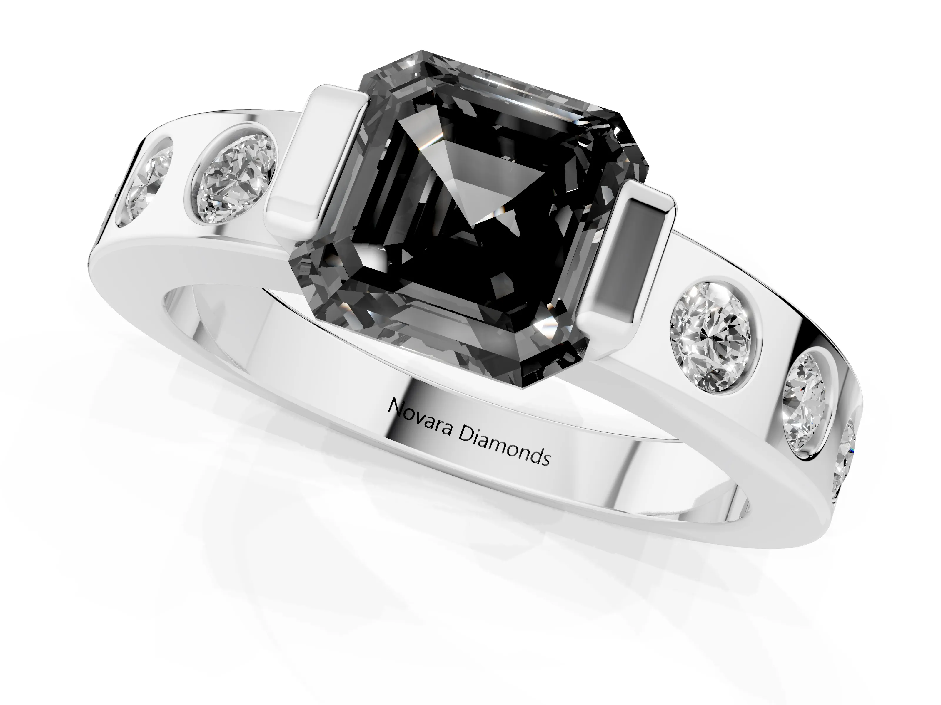 Fancy Black Asscher Cut Diamond Channel-Set Band Ring Set in Silver with Bezel Prong Setting
