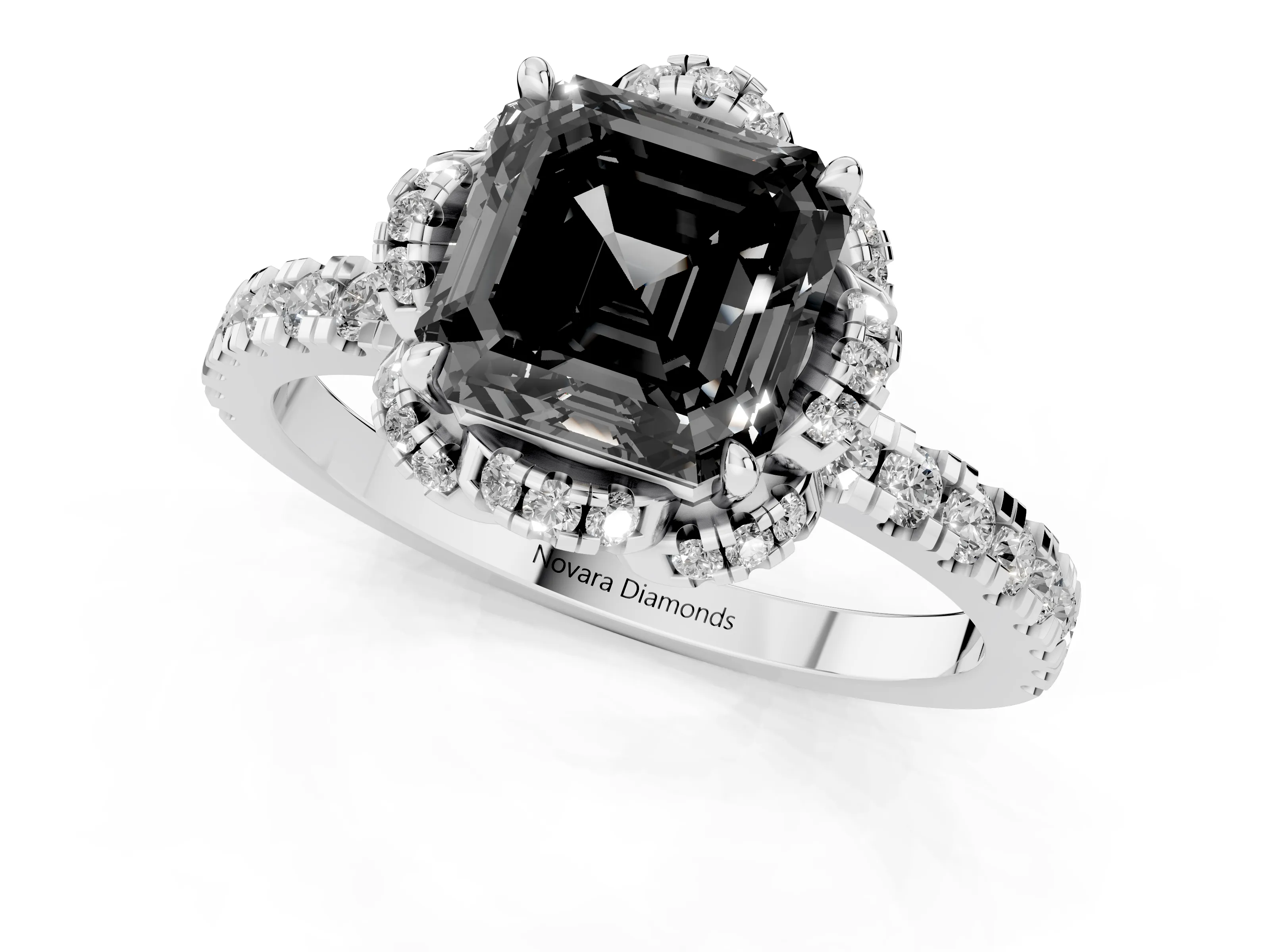 Fancy Black Asscher Cut Diamond Halo Pavé Ring Set in White gold with Prong-Held Center Stone
