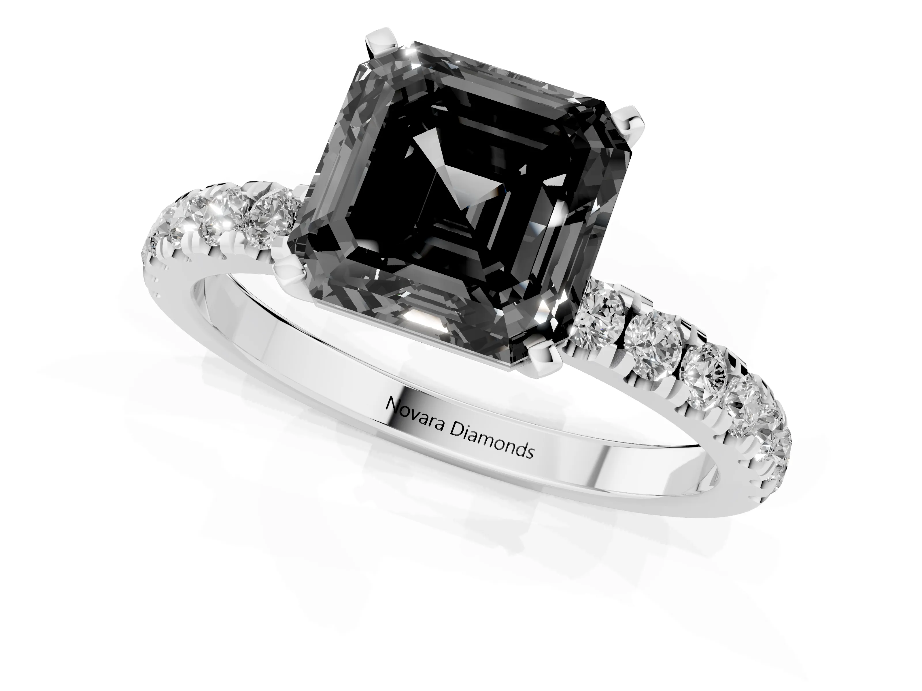 Fancy Black Asscher Cut Diamond Solitaire Ring Set in Silver with Pavé Accents and Prong Setting