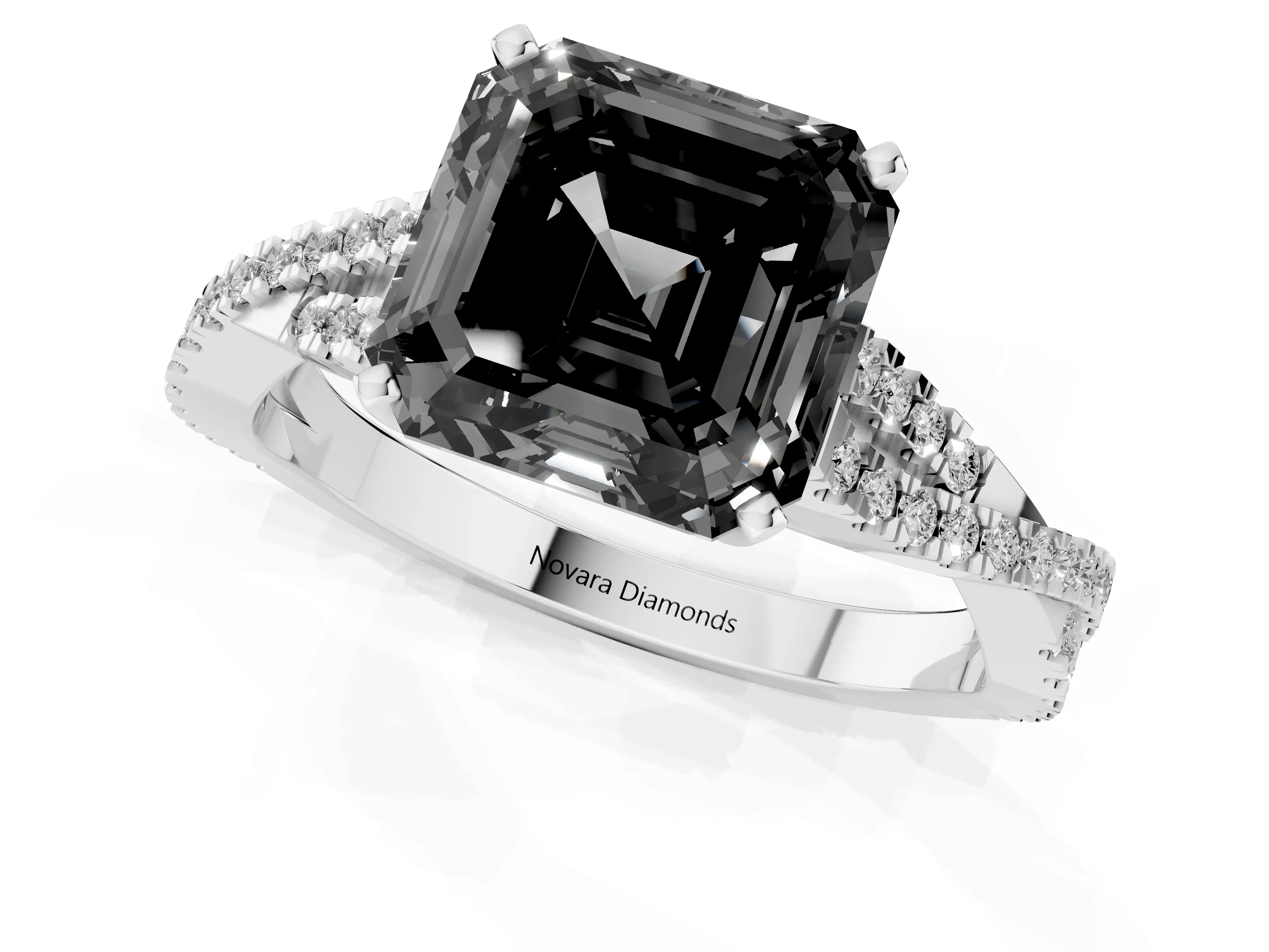 Fancy Black Asscher Cut Diamond Solitaire Engagement Ring Set in White gold with Twisted Pavé Band and Prong Setting