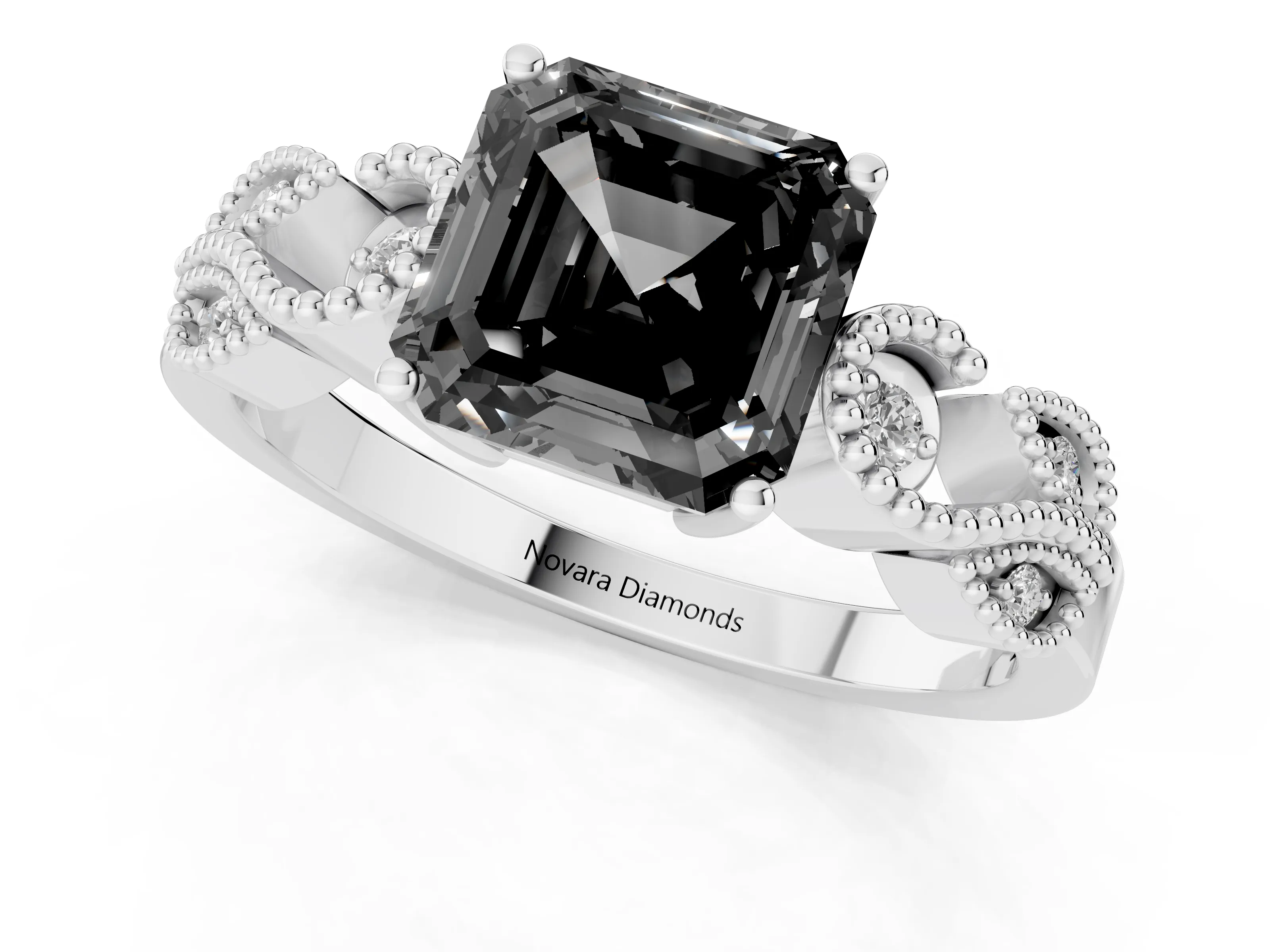 Fancy Black Asscher Cut Diamond Milgrain Leaf Band Solitaire Ring Set in White gold with Accent Stones and Prong Setting