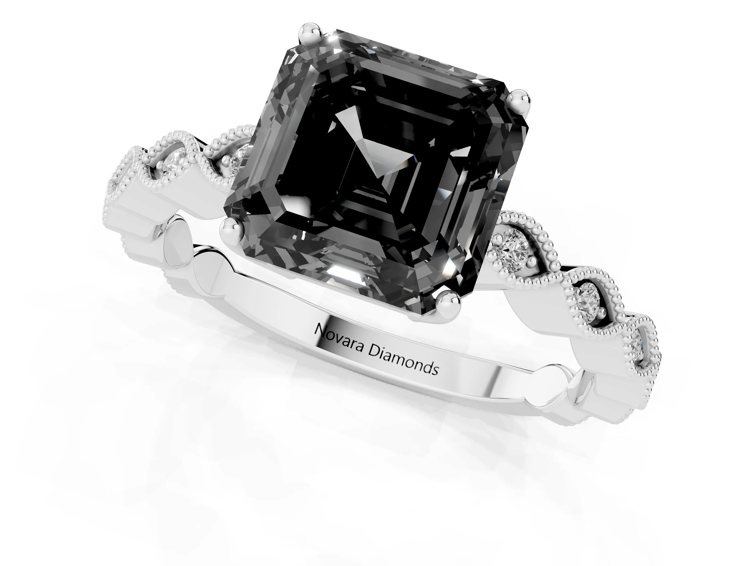Fancy Black Asscher Cut Diamond Solitaire Ring Set in Silver with Infinity Twist Pavé Band