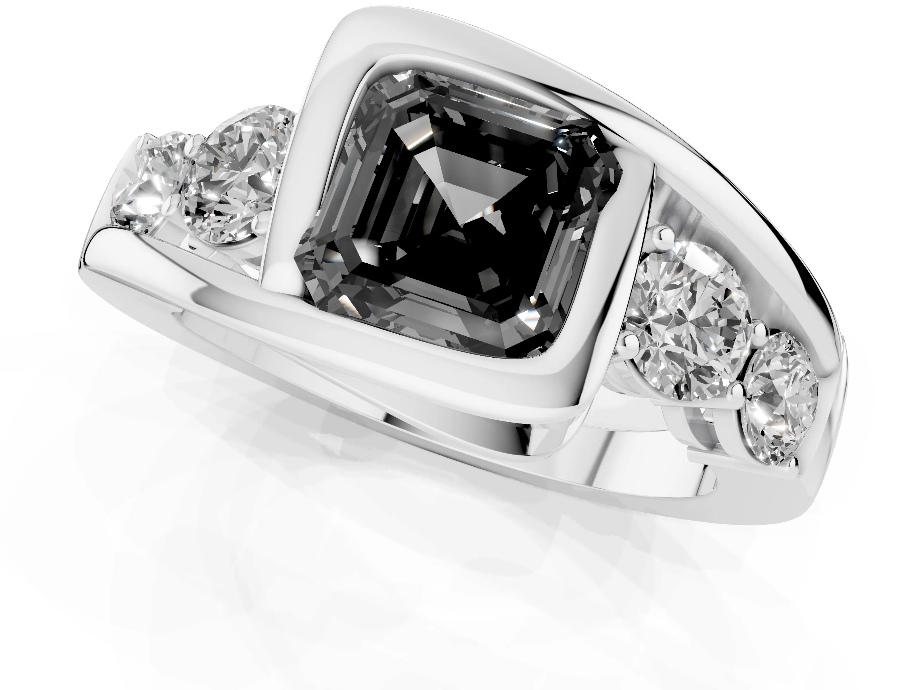 Fancy Black Asscher Cut Diamond Bezel Bypass Ring Set in Silver with Round Accents
