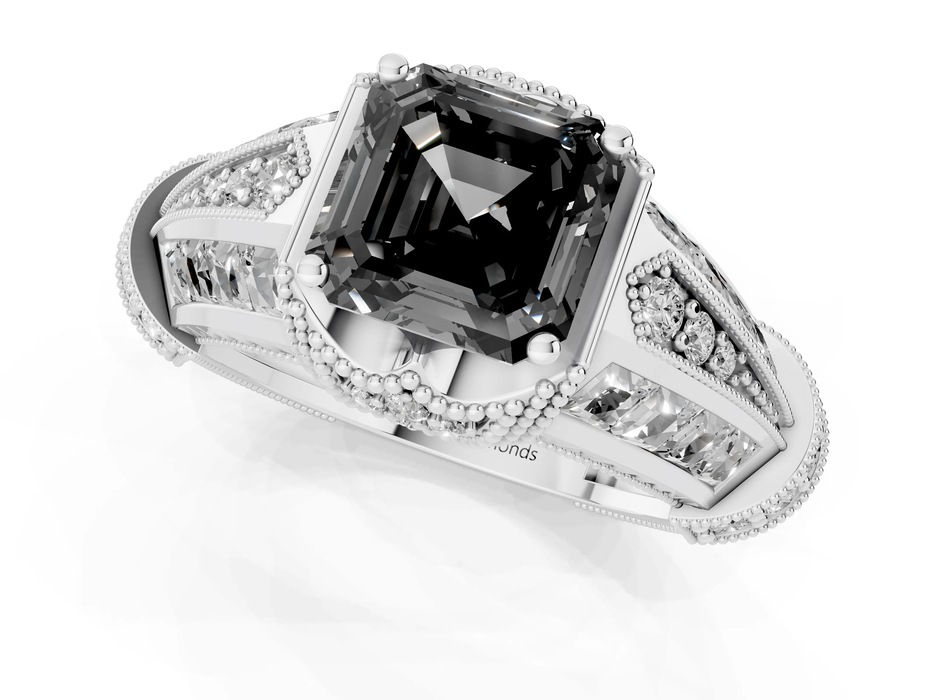 Fancy Black Asscher Cut Diamond Vintage-Inspired Milgrain Ring Set in Platinum with Accent Split Shank