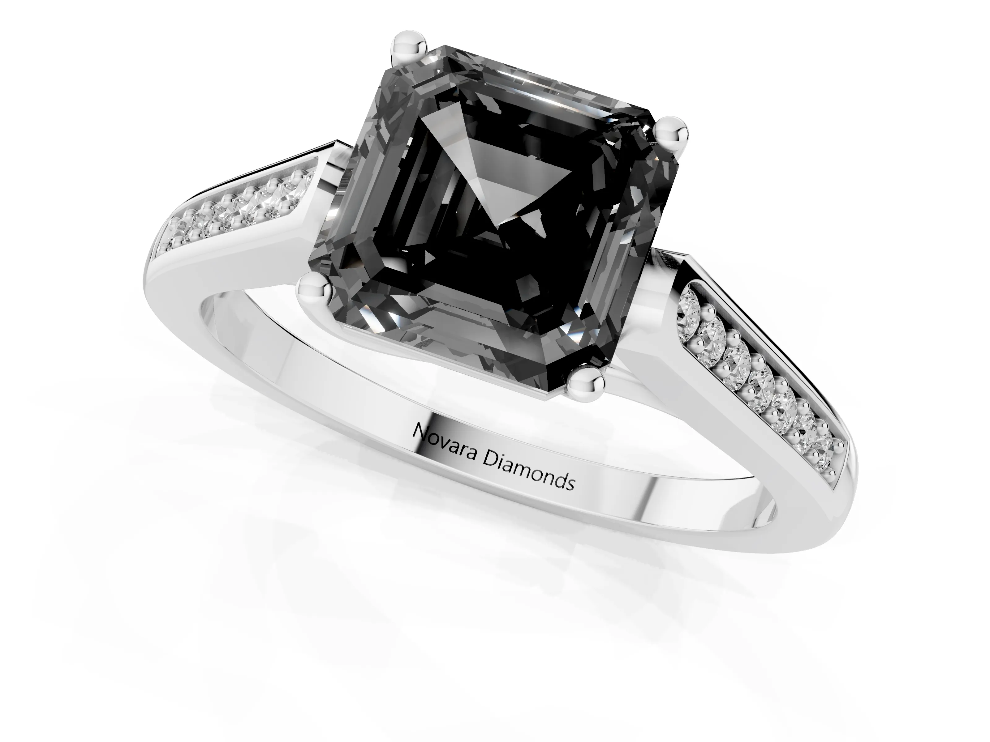 Fancy Black Asscher Cut Diamond Solitaire Cathedral Engagement Ring Set in White gold with Channel-Set Band and Prong Setting