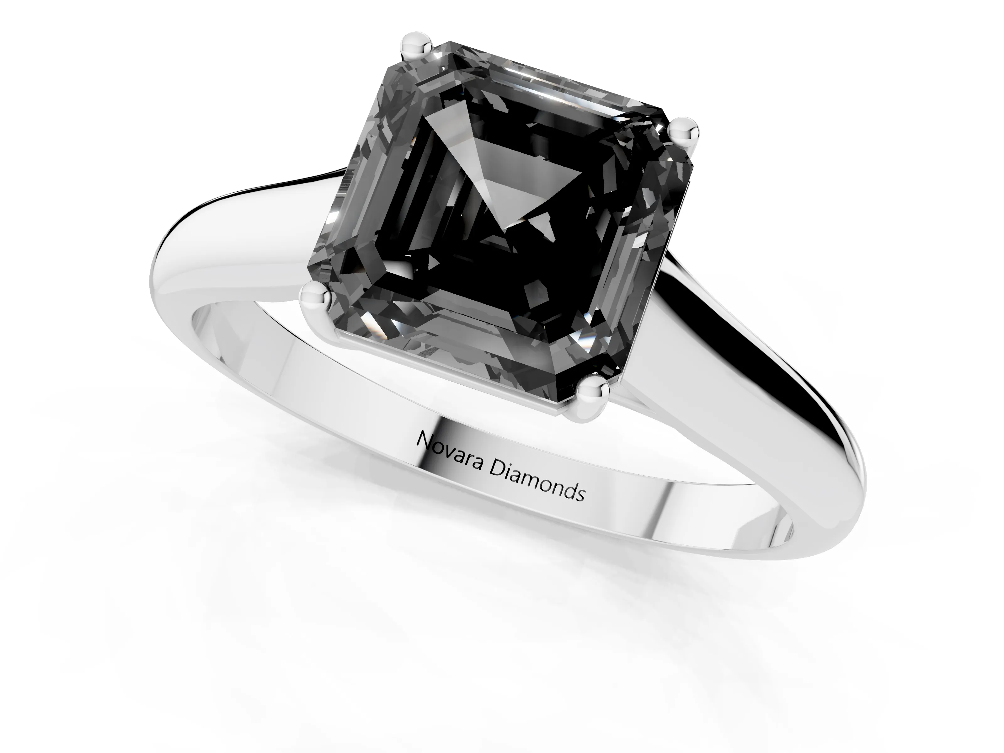 Fancy Black Asscher Cut Diamond Solitaire Engagement Ring Set in Platinum with Subtly Tapered Band and Prong Setting