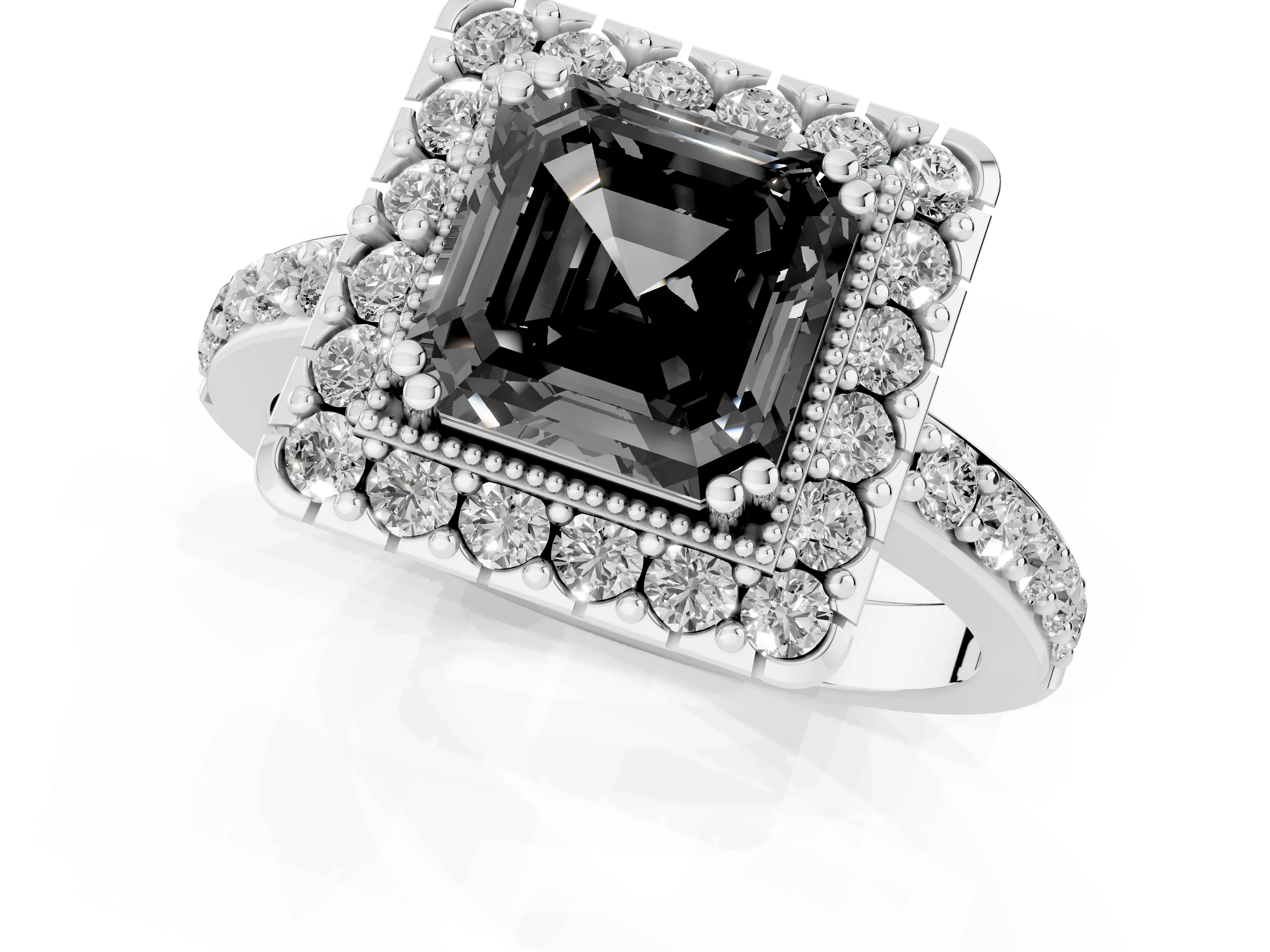 Fancy Black Asscher Cut Diamond Halo Ring Set in Silver with Pavé Shank and Prong Setting