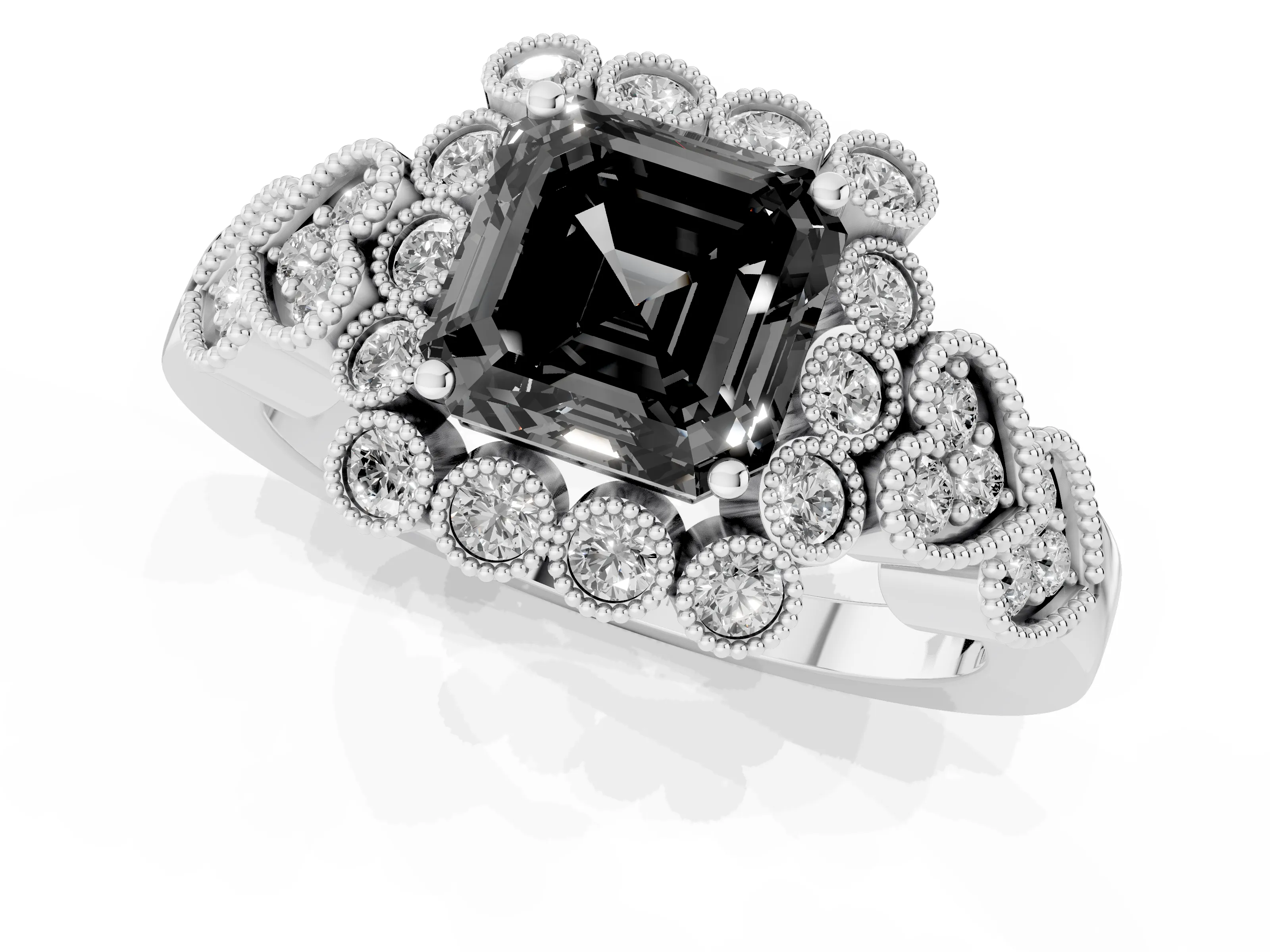 Fancy Black Asscher Cut Diamond Solitaire Ring Set in White gold with Milgrain Pavé Heart Band – second view