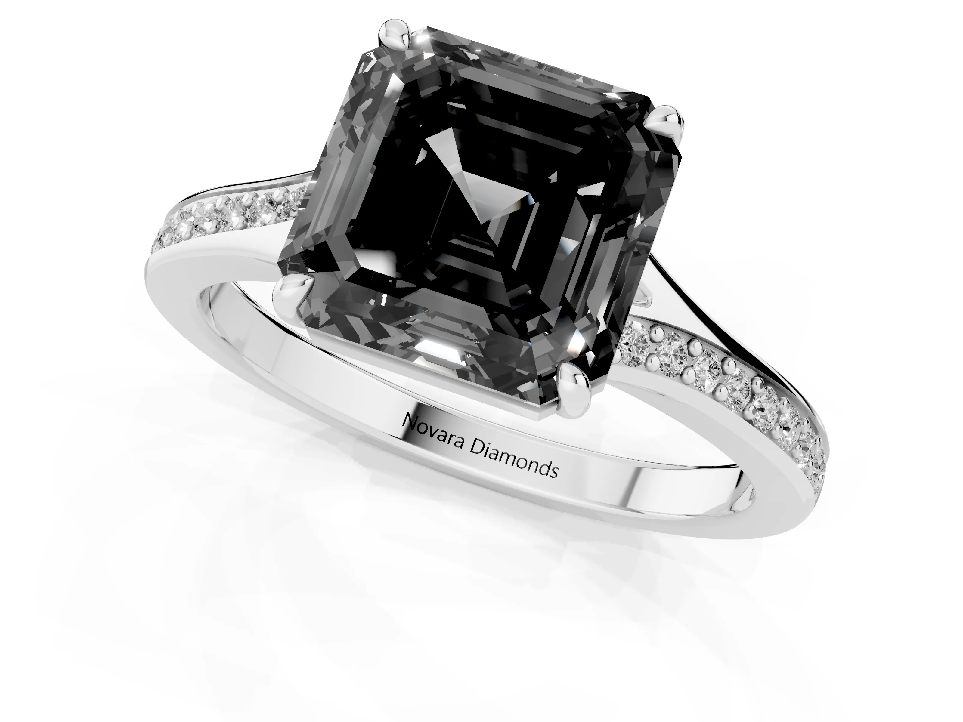 Fancy Black Asscher Cut Diamond Solitaire Ring Set in Platinum with Pavé Accent Band and Classic Prong Setting – second view