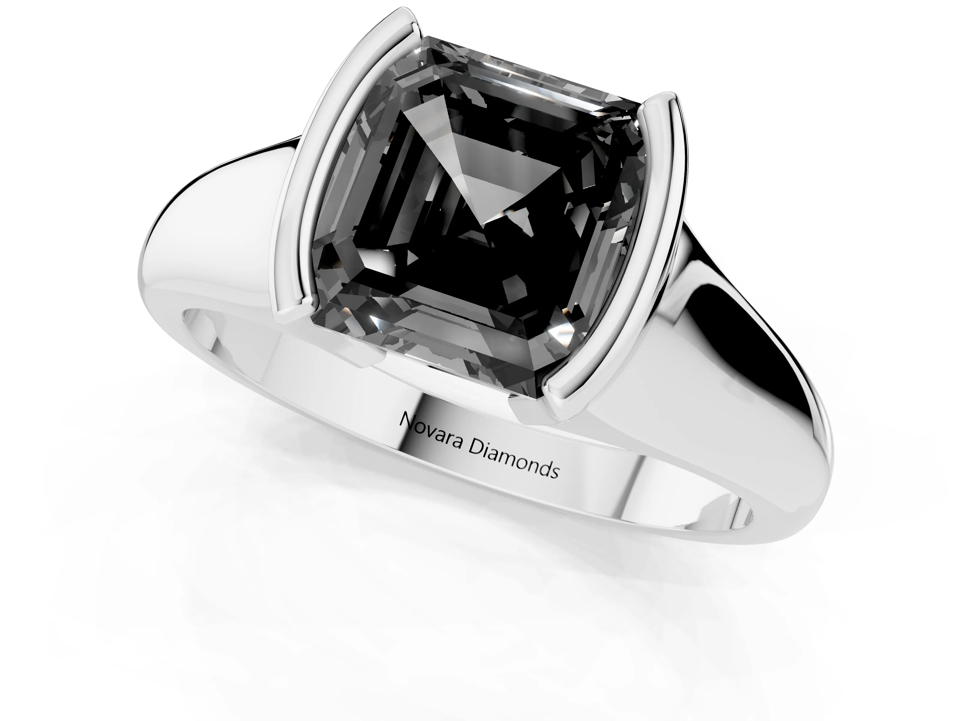 Fancy Black Asscher Cut Diamond Solitaire Tension Set Ring Set in Platinum with Split Shank Band