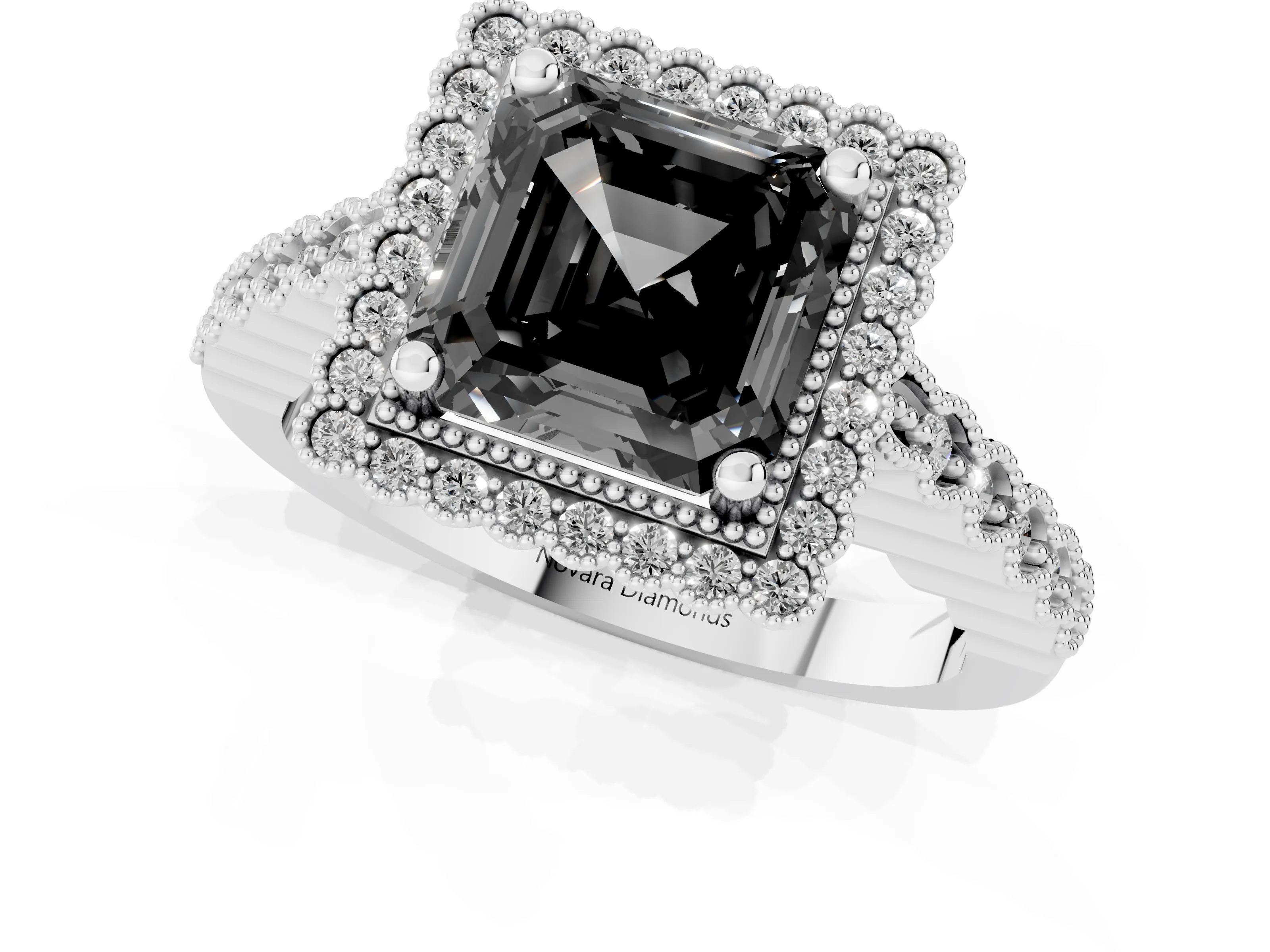 Fancy Black Asscher Cut Diamond Halo Ring Set in Platinum with Pavé Milgrain Band