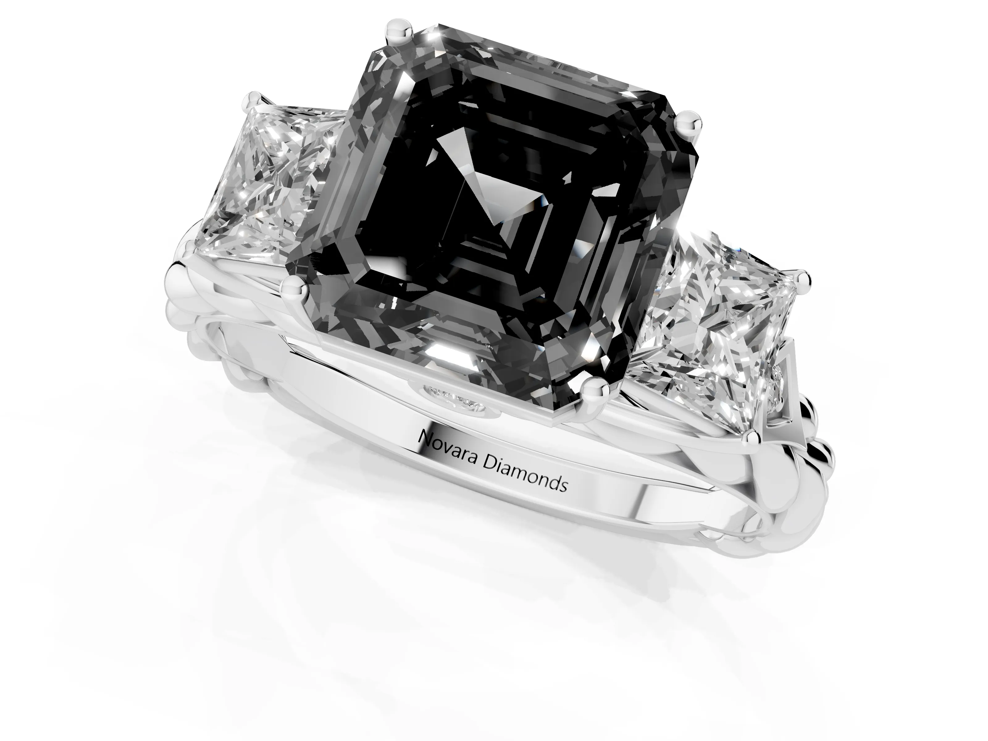 Fancy Black Asscher Cut Diamond Three-Stone Ring Set in Silver with Braided Band