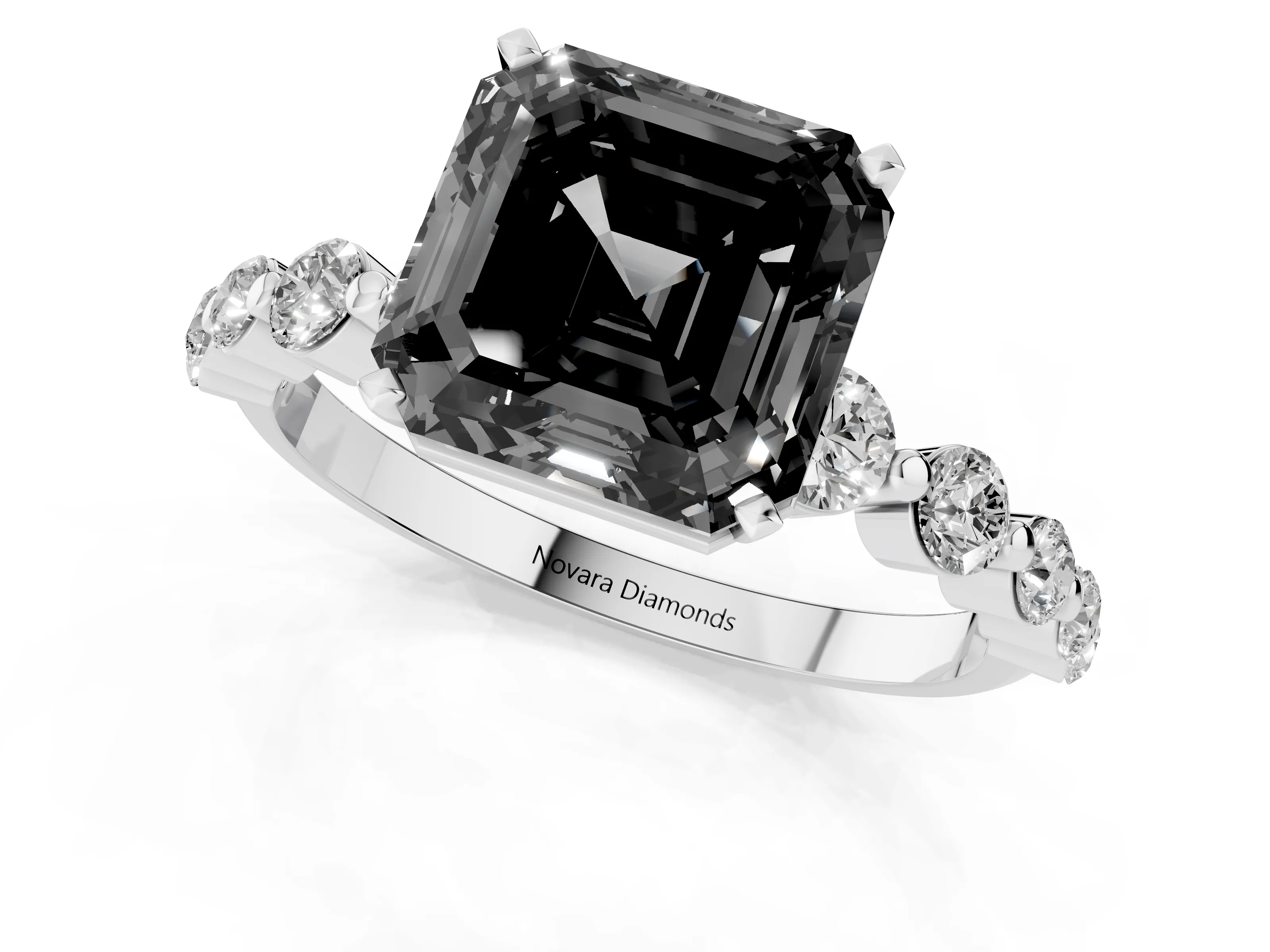 Fancy Black Asscher Cut Diamond Solitaire Ring Set in Platinum with Pavé Band and Prong Setting