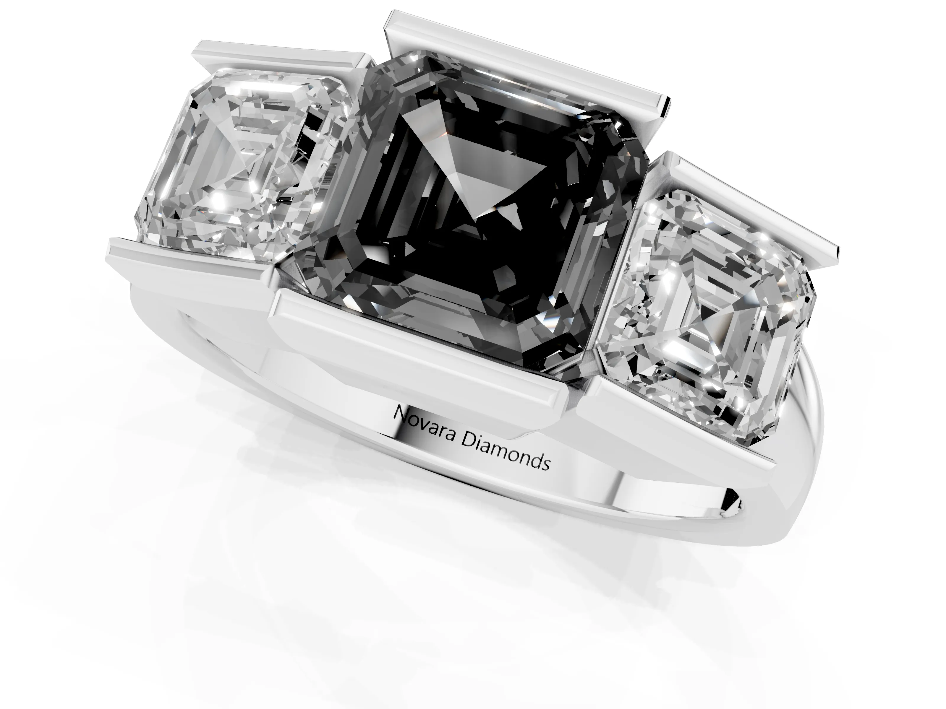 Fancy Black Asscher Cut Diamond Three-Stone Channel Set Ring Set in Silver with Smooth Polished Band