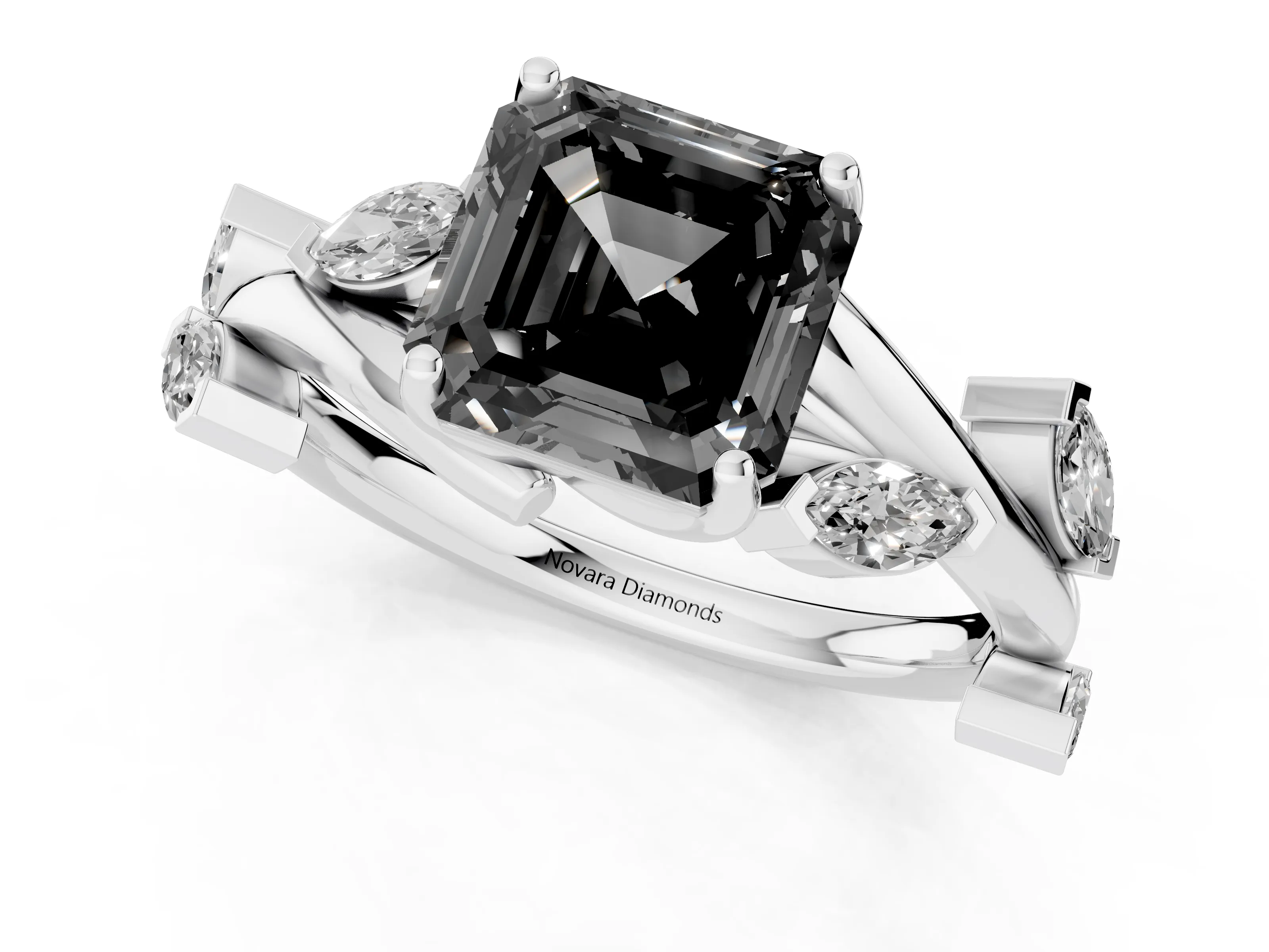 Fancy Black Asscher Cut Diamond Solitaire Ring Set in White gold with Twisted Marquise Accent Band
