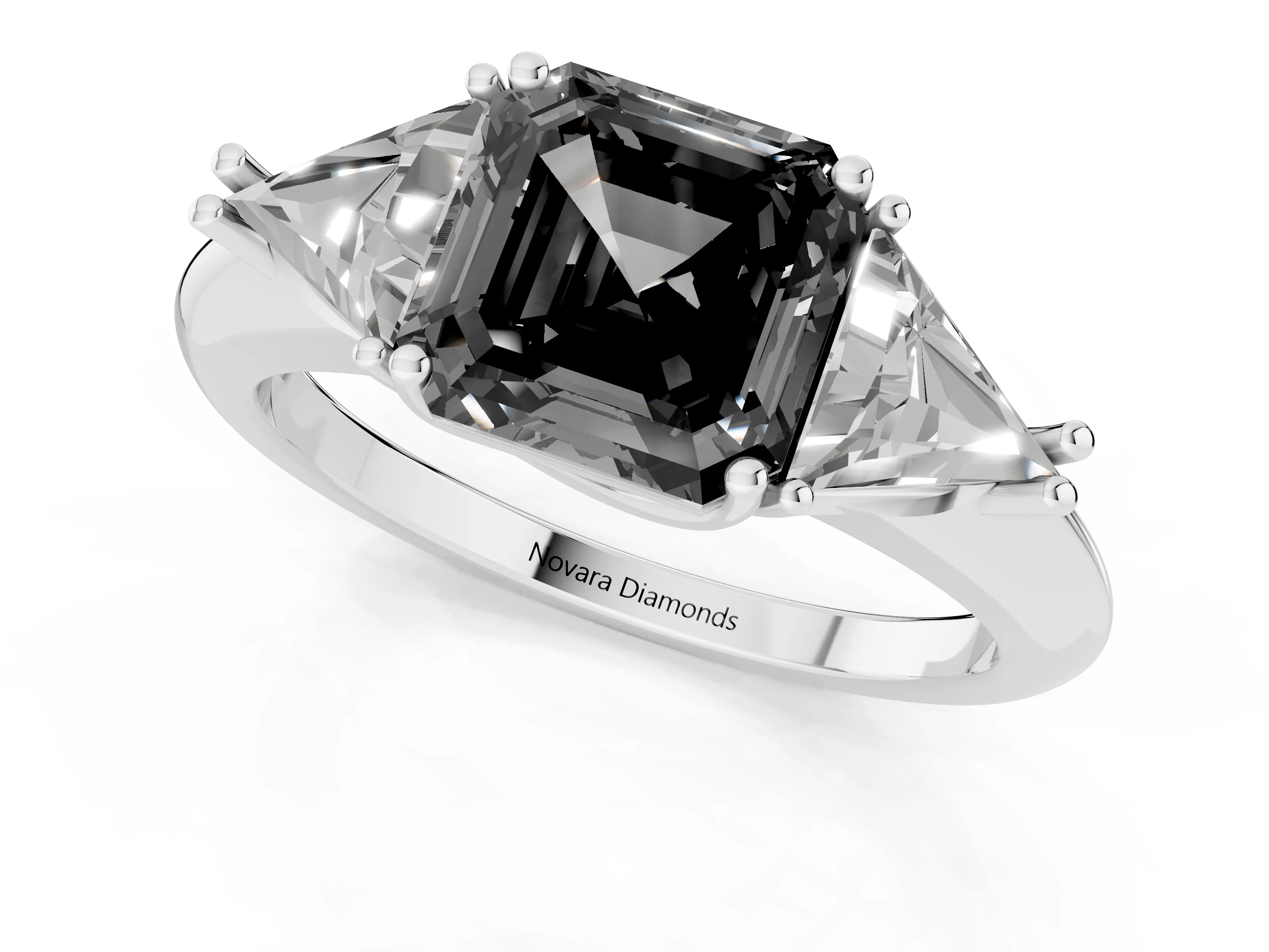 Fancy Black Asscher Cut Diamond Three-Stone Engagement Ring Set in Platinum with Trillion Side Stones