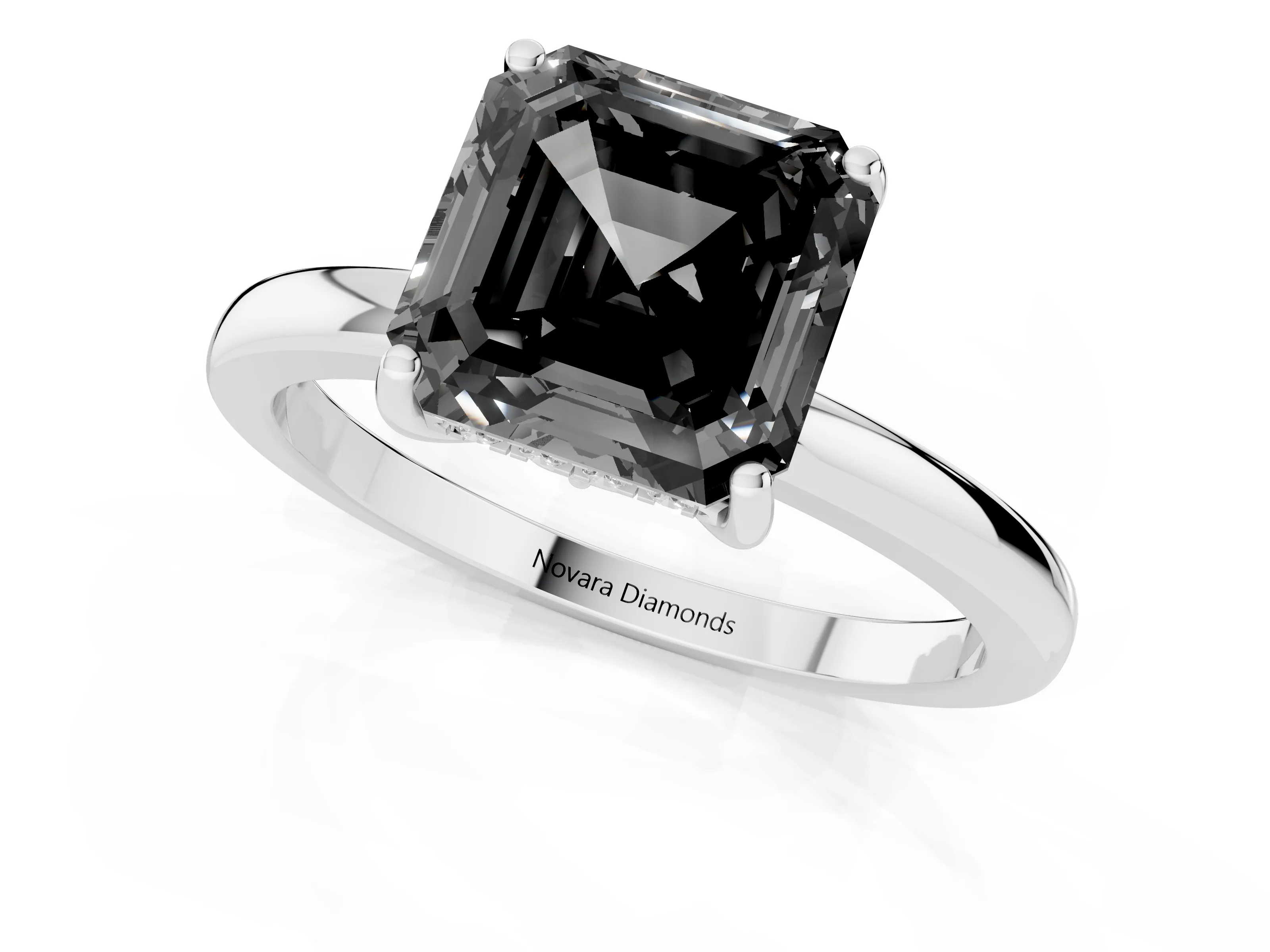 Fancy Black Asscher Cut Diamond Solitaire Ring Set in Silver with Plain Band and Prong Setting