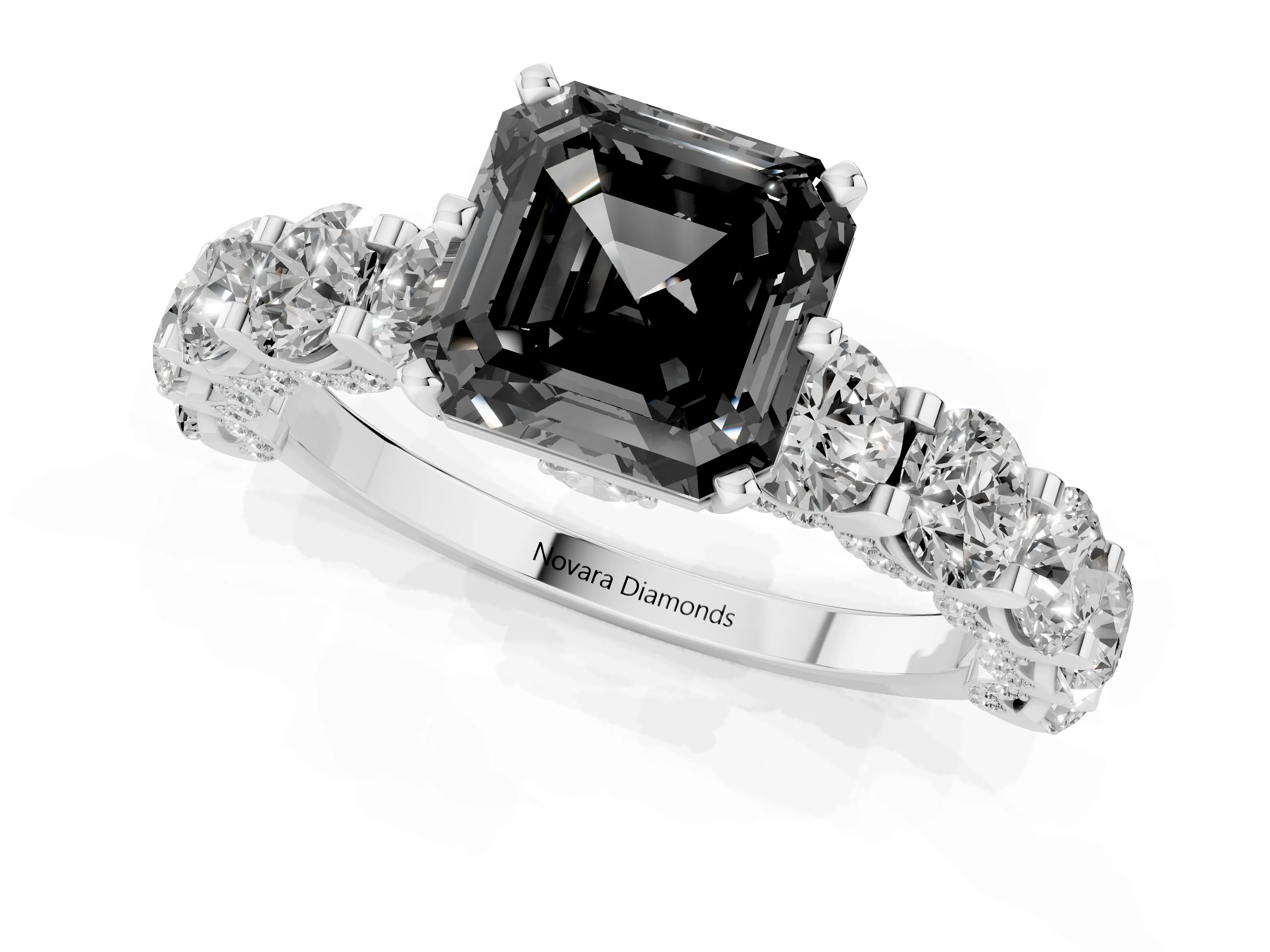 Fancy Black Asscher Cut Diamond Side Stone Ring Set in Silver with Alternating Round and Oval Side Stones