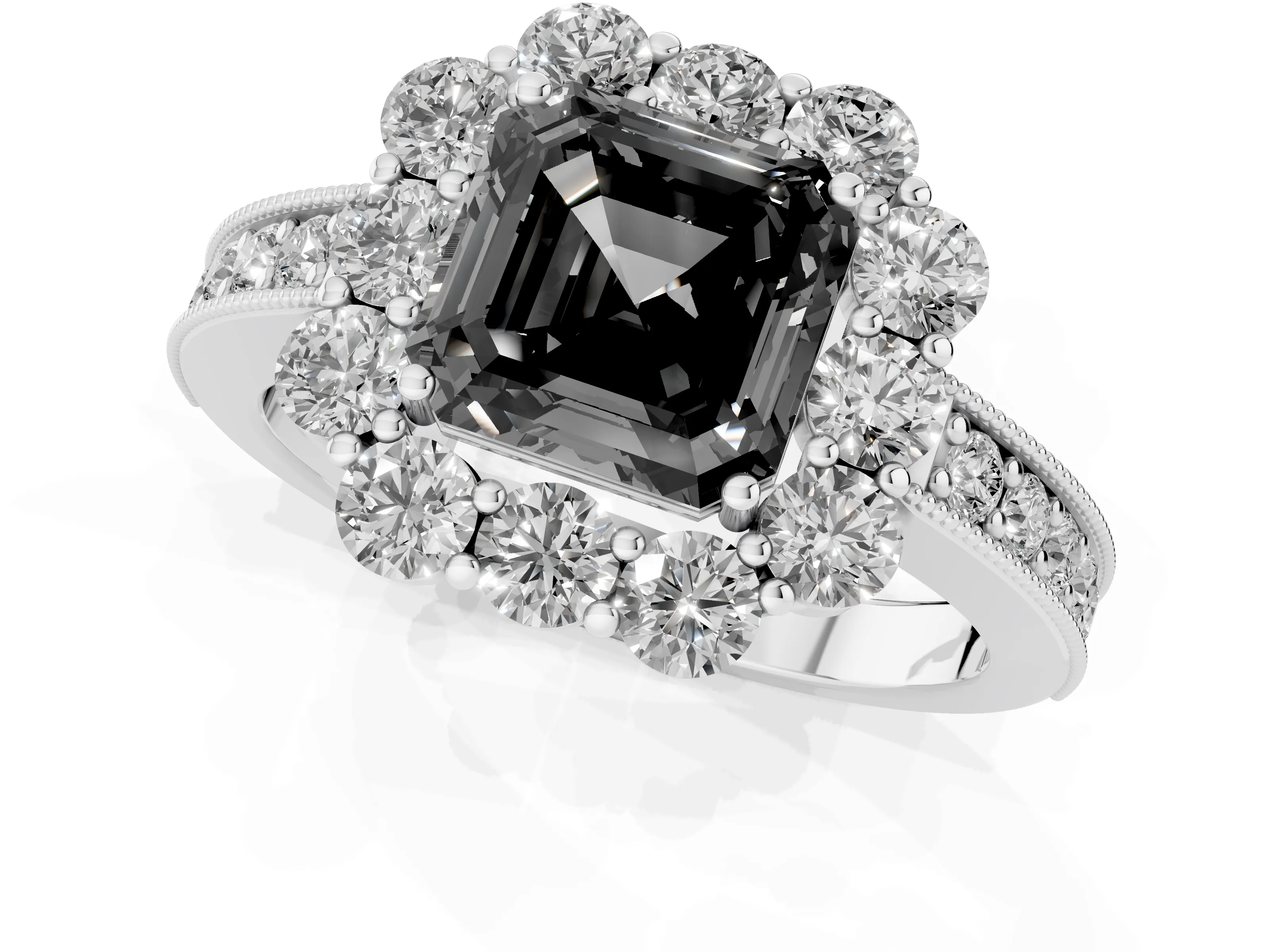 Fancy Black Asscher Cut Diamond Halo Pavé Engagement Ring Set in Platinum with Milgrain Detailing
