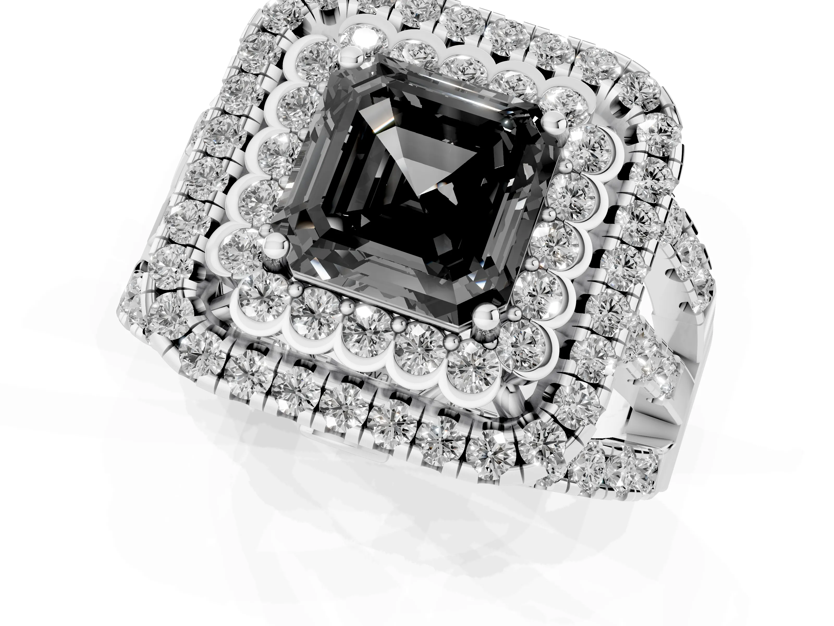 Fancy Black Asscher Cut Diamond Double Halo Ring Set in White gold with Round Pavé Split Shank