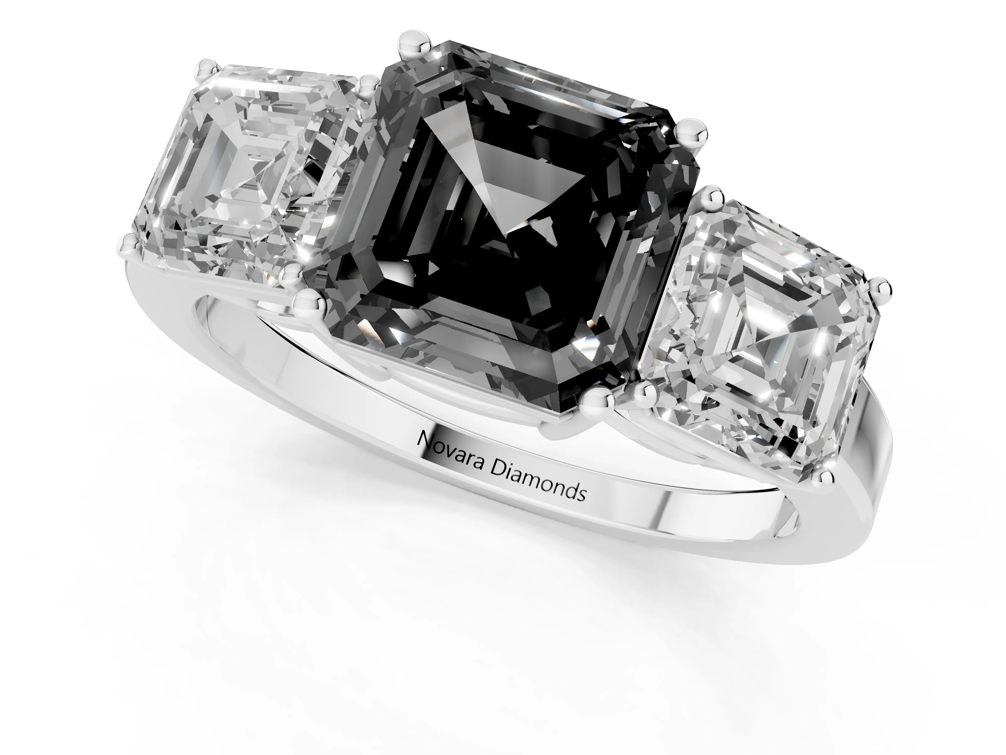 Fancy Black Asscher Cut Diamond Three-Stone Engagement Ring Set in White gold with Flat Band