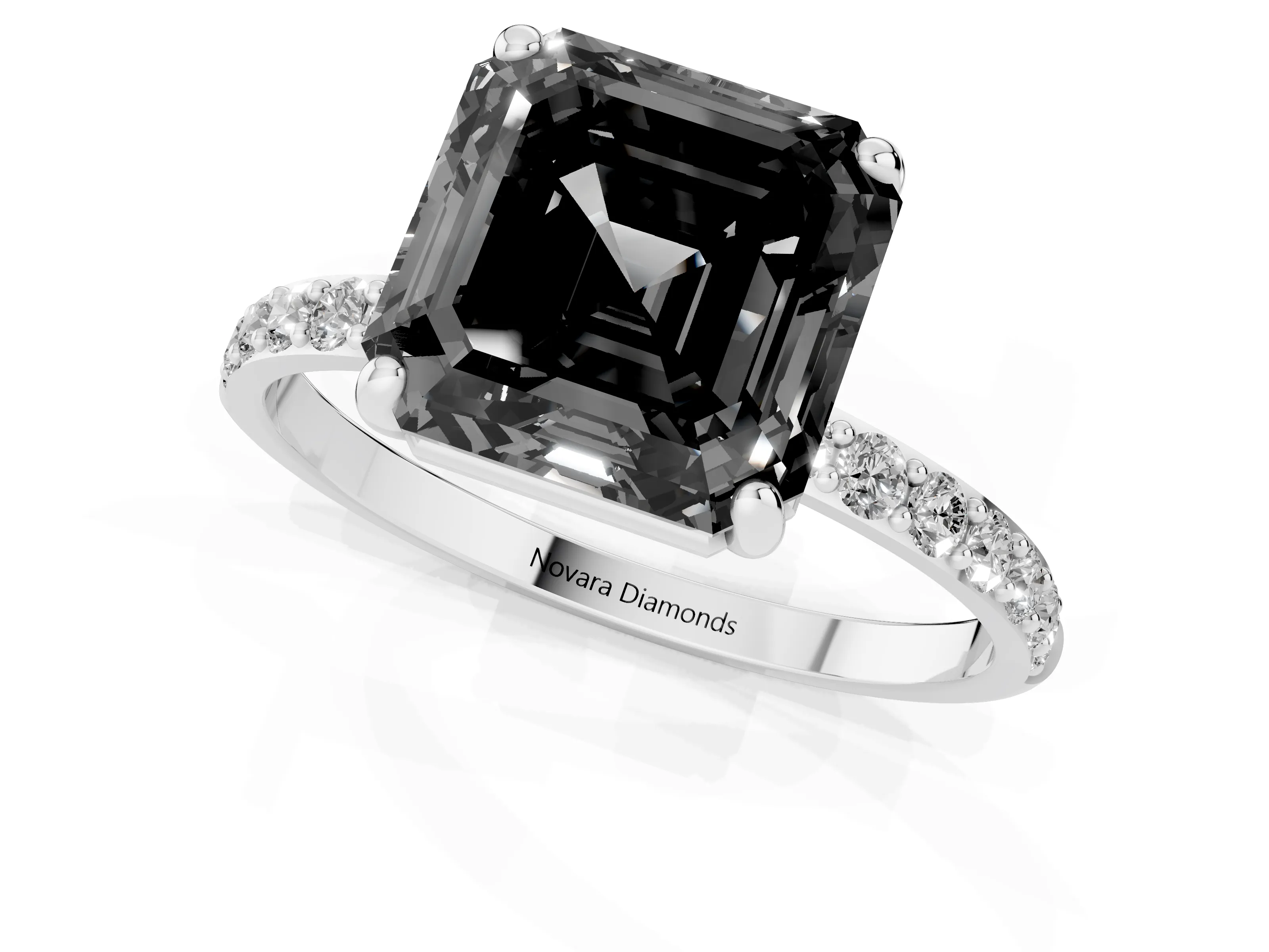 Fancy Black Asscher Cut Diamond Solitaire Ring Set in Platinum with Round Pavé Band and Prong Setting