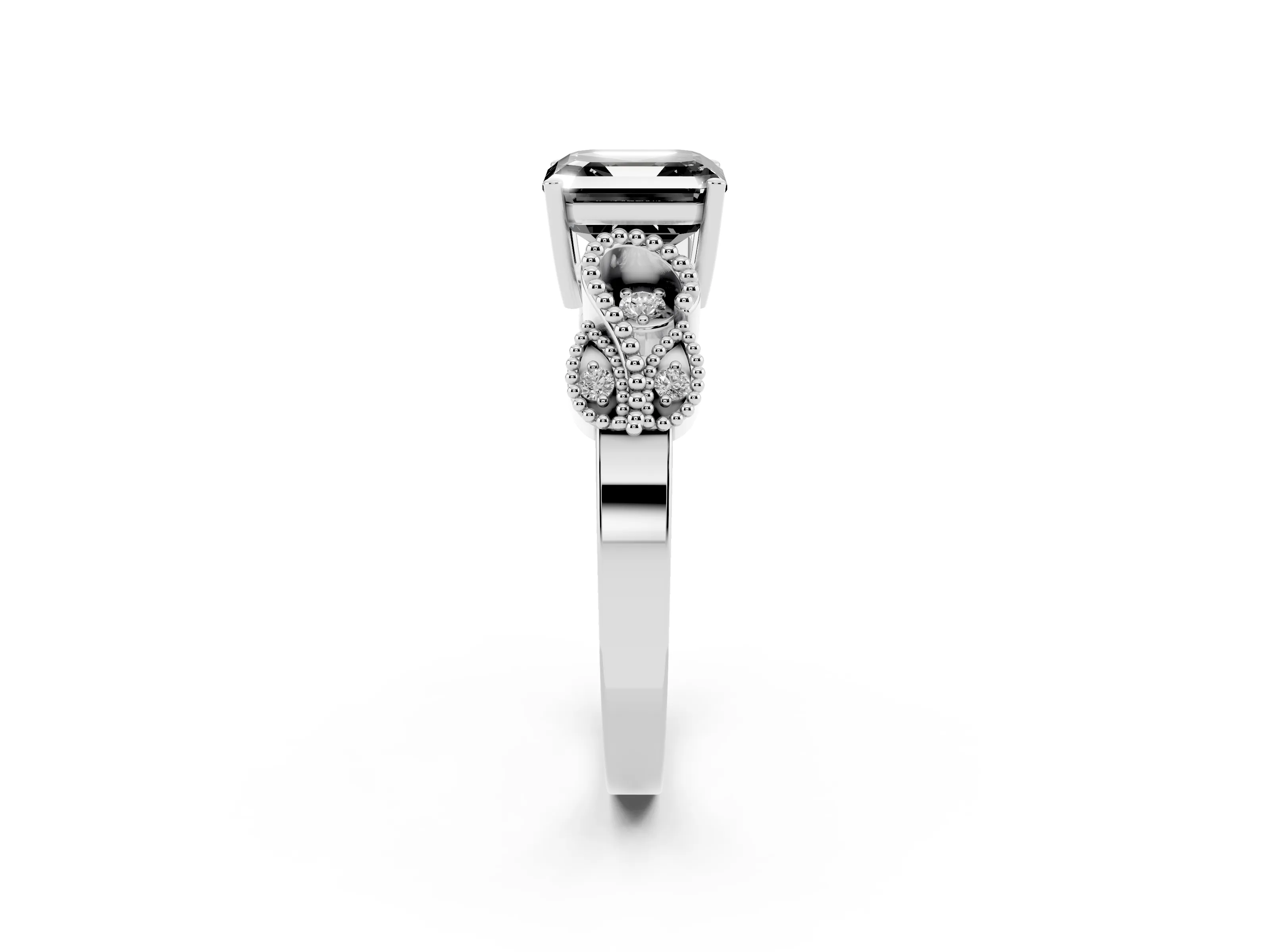 Fancy Black Asscher Cut Diamond Milgrain Leaf Band Solitaire Ring Set in White gold with Accent Stones and Prong Setting