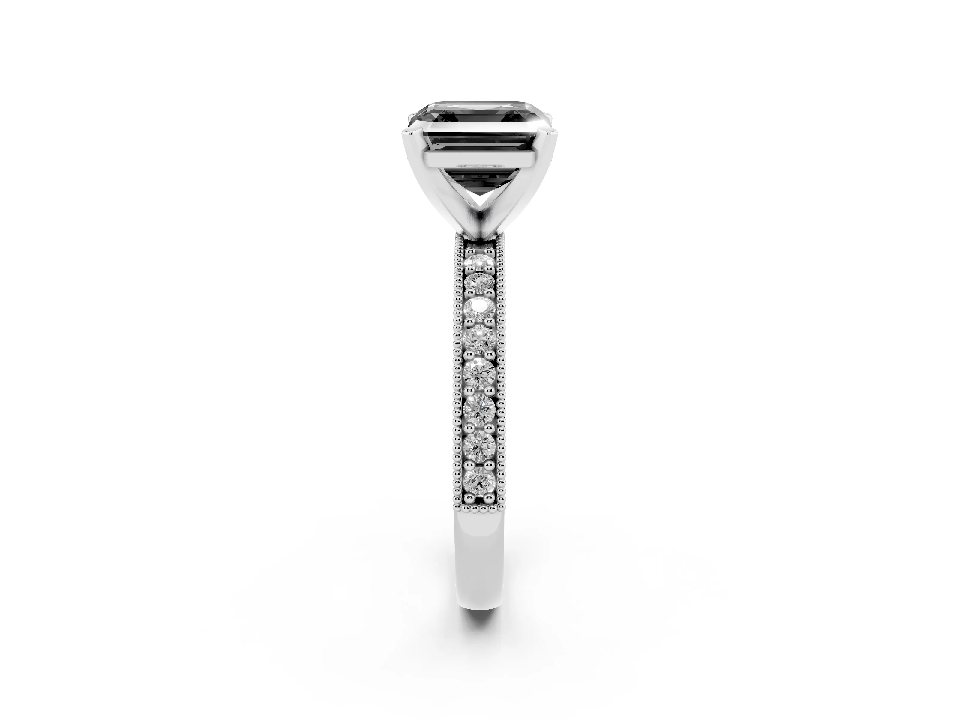 Fancy Black Asscher Cut Diamond Milgrain Pavé Engagement Ring Set in Platinum with Prong Setting