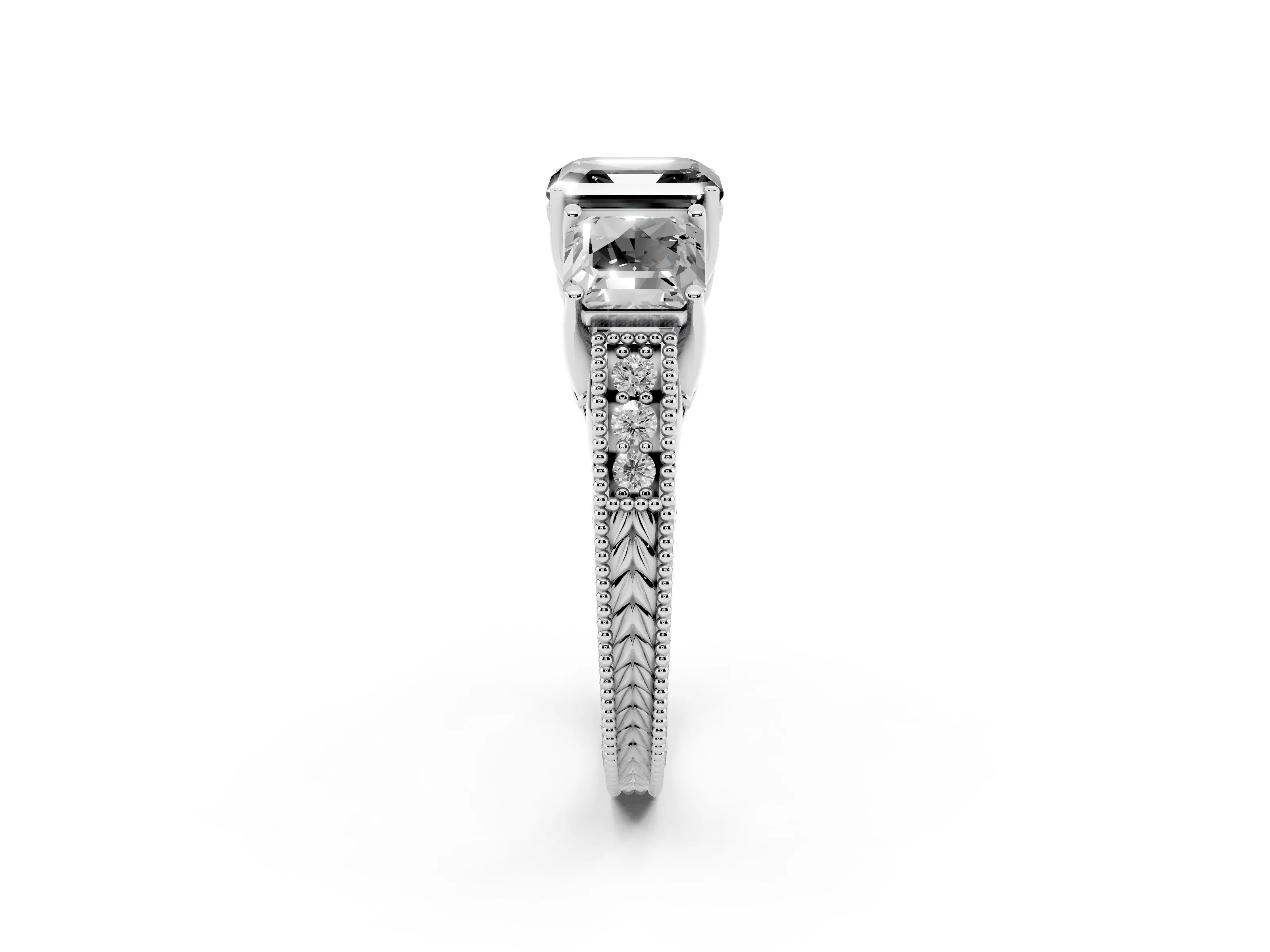 Fancy Black Asscher Cut Diamond Three-Stone Engagement Ring Set in Silver with Milgrain Pavé Band