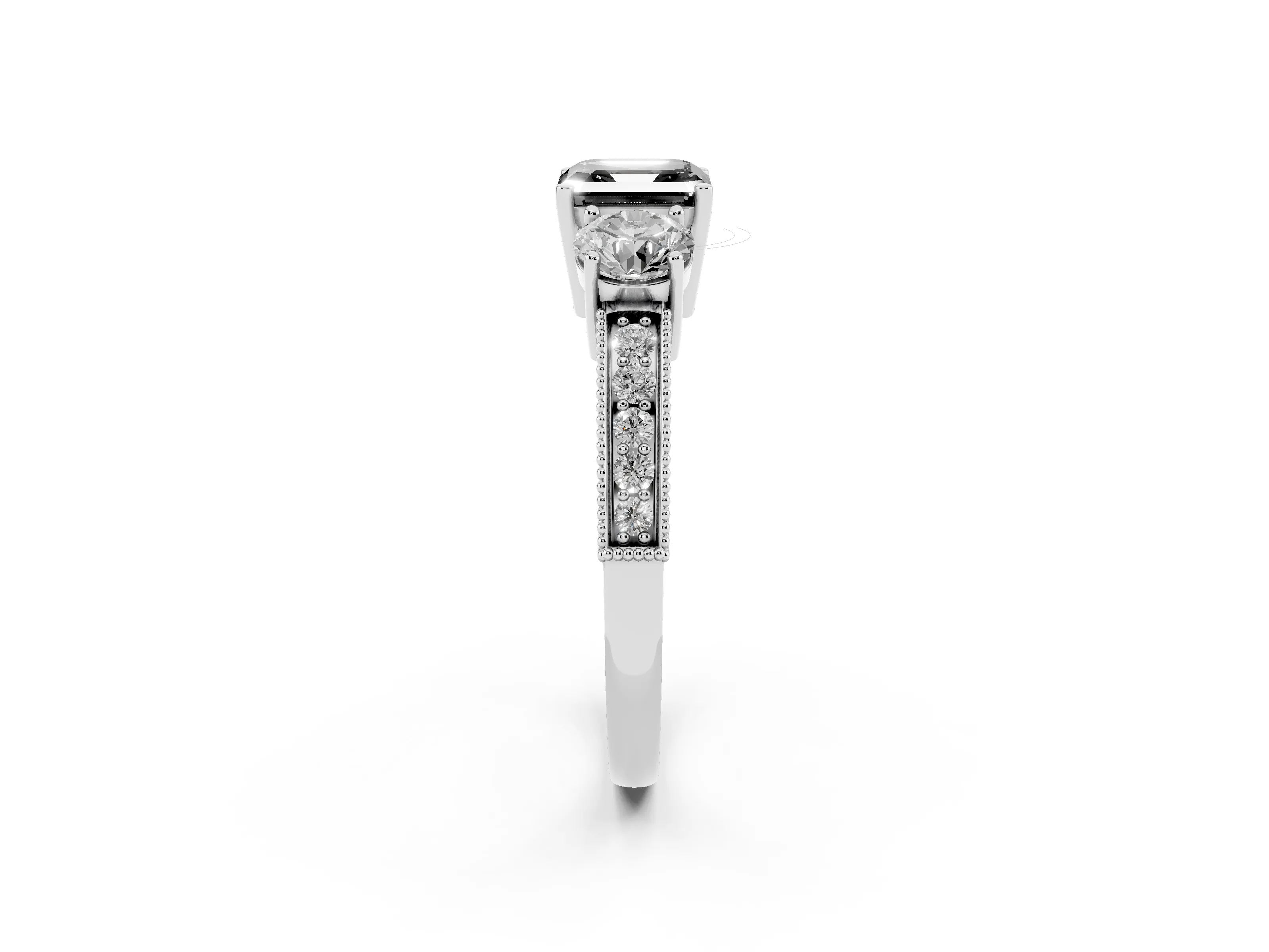 Fancy Black Asscher Cut Diamond Three-Stone Ring Set in White gold with Round Side Stones and Pavé Band