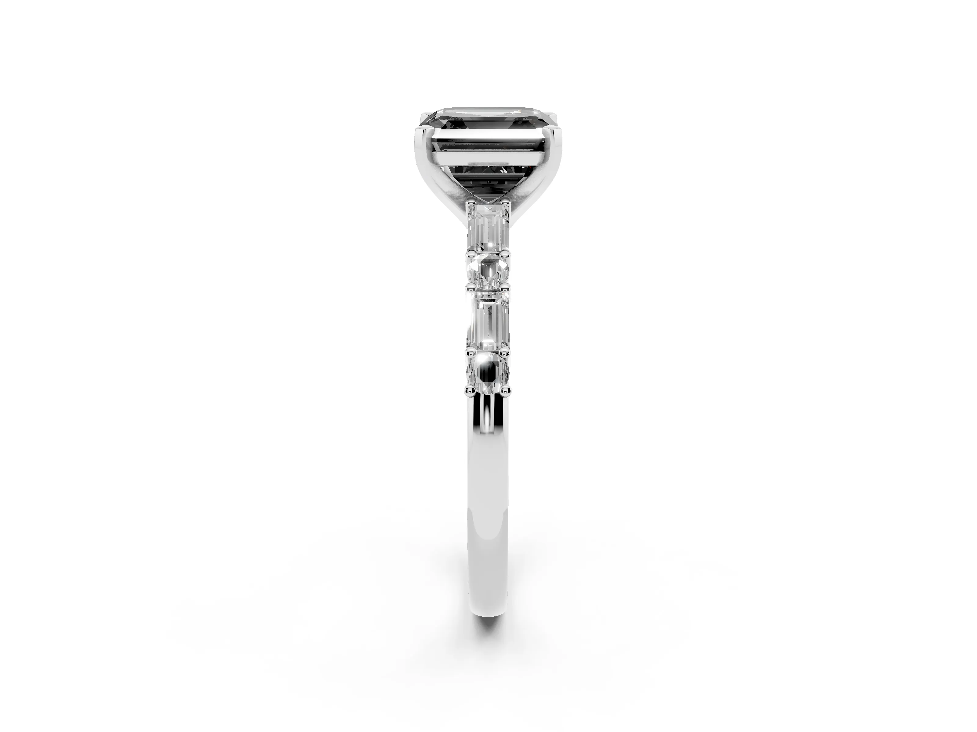 Fancy Black Asscher Cut Diamond Solitaire Set in Silver with Side Baguettes and Channel Set Band