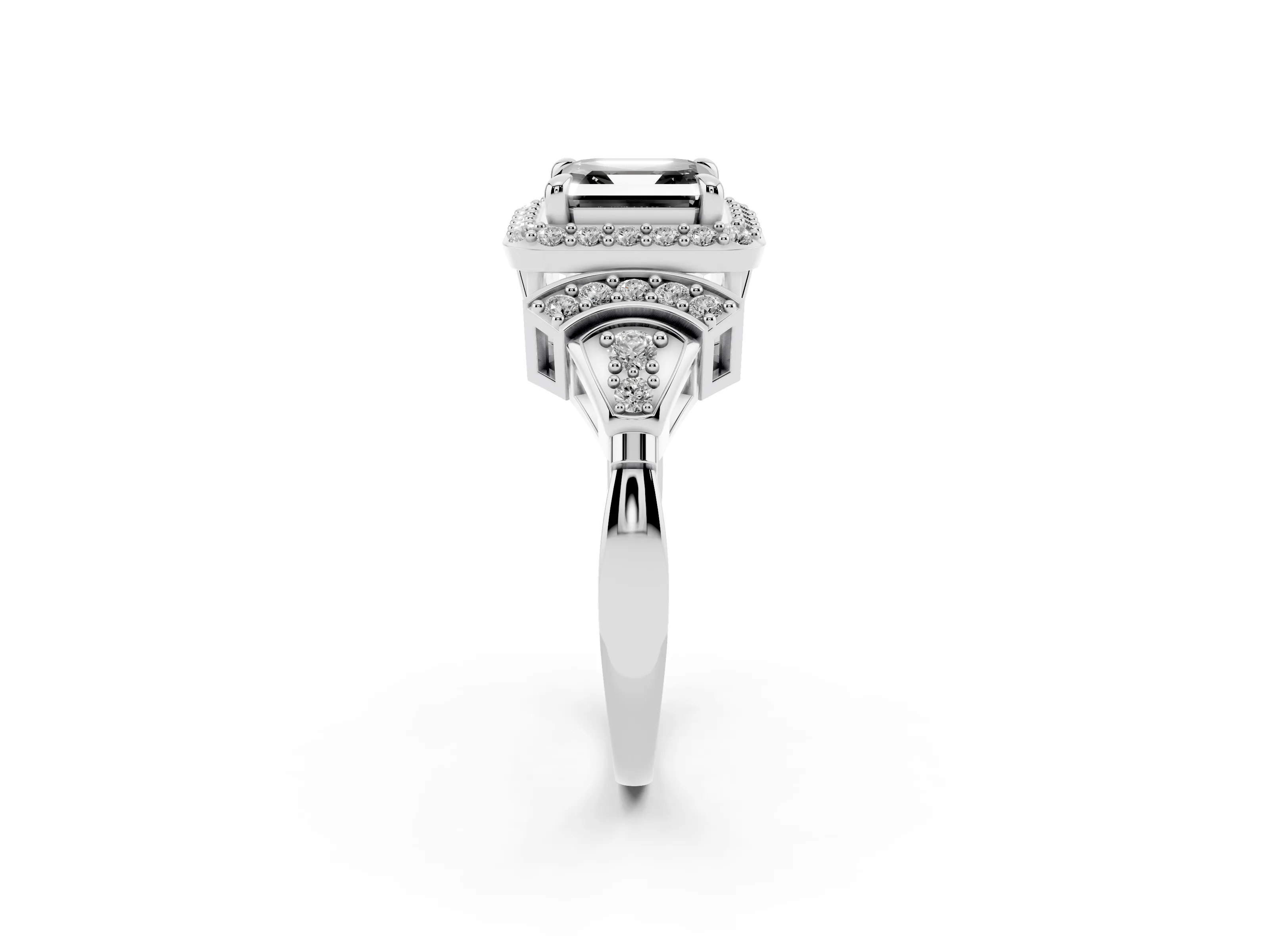 Fancy Black Asscher Cut Diamond Halo Engagement Ring Set in White gold with Accent Stone Split Shank