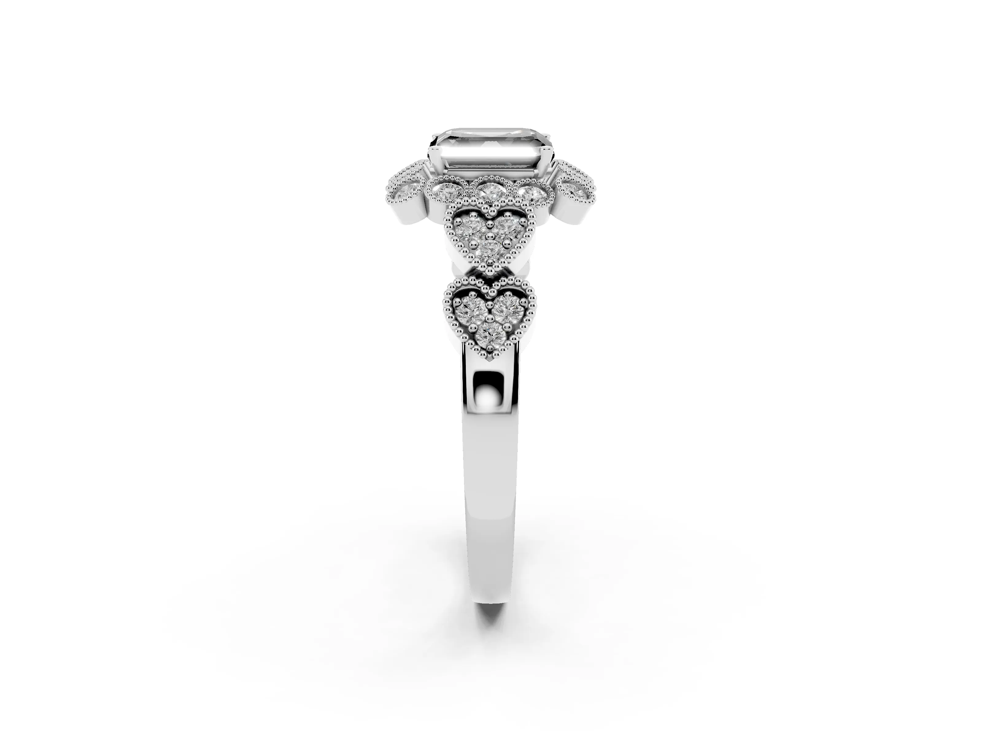 Fancy Black Asscher Cut Diamond Solitaire Ring Set in Platinum with Milgrain Pavé Heart Band