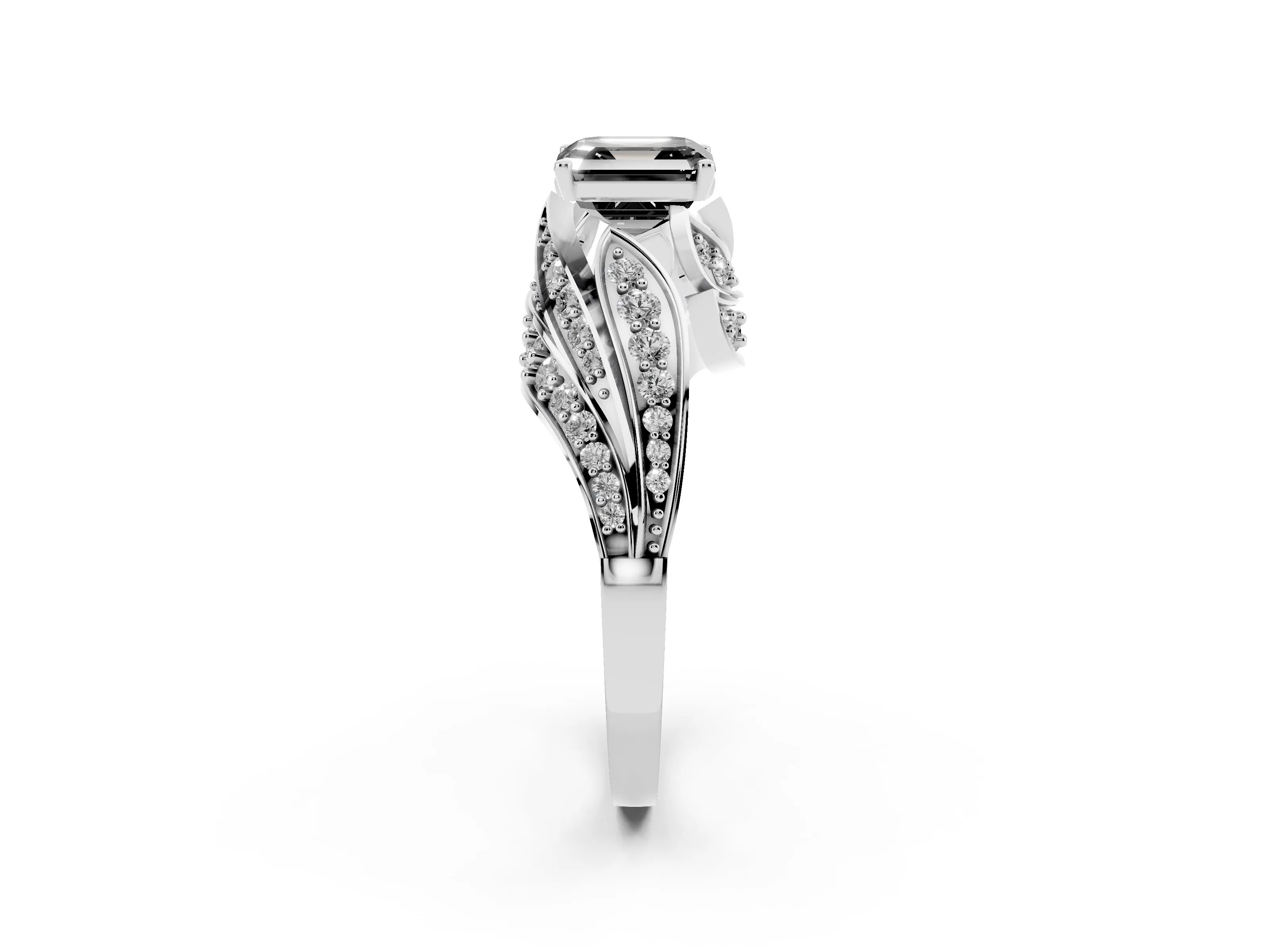 Fancy Black Asscher Cut Diamond Solitaire Ring Set in Silver with Layered Twist Pavé Band