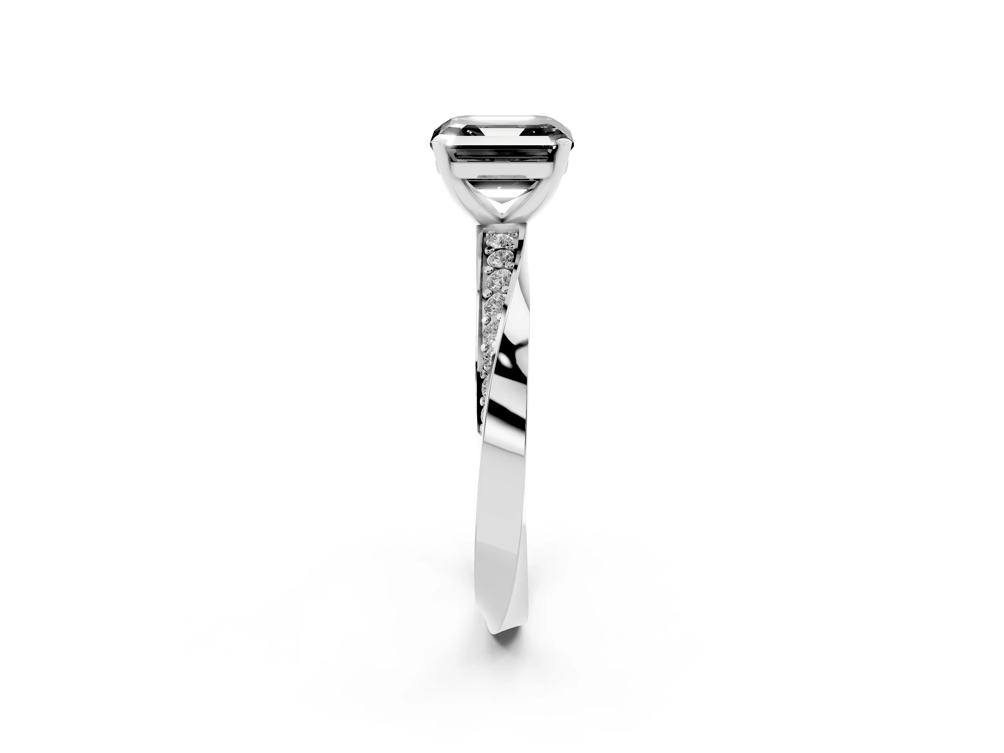 Fancy Black Asscher Cut Diamond Engagement Ring Set in White gold with Side Stone Accents and Prong Setting