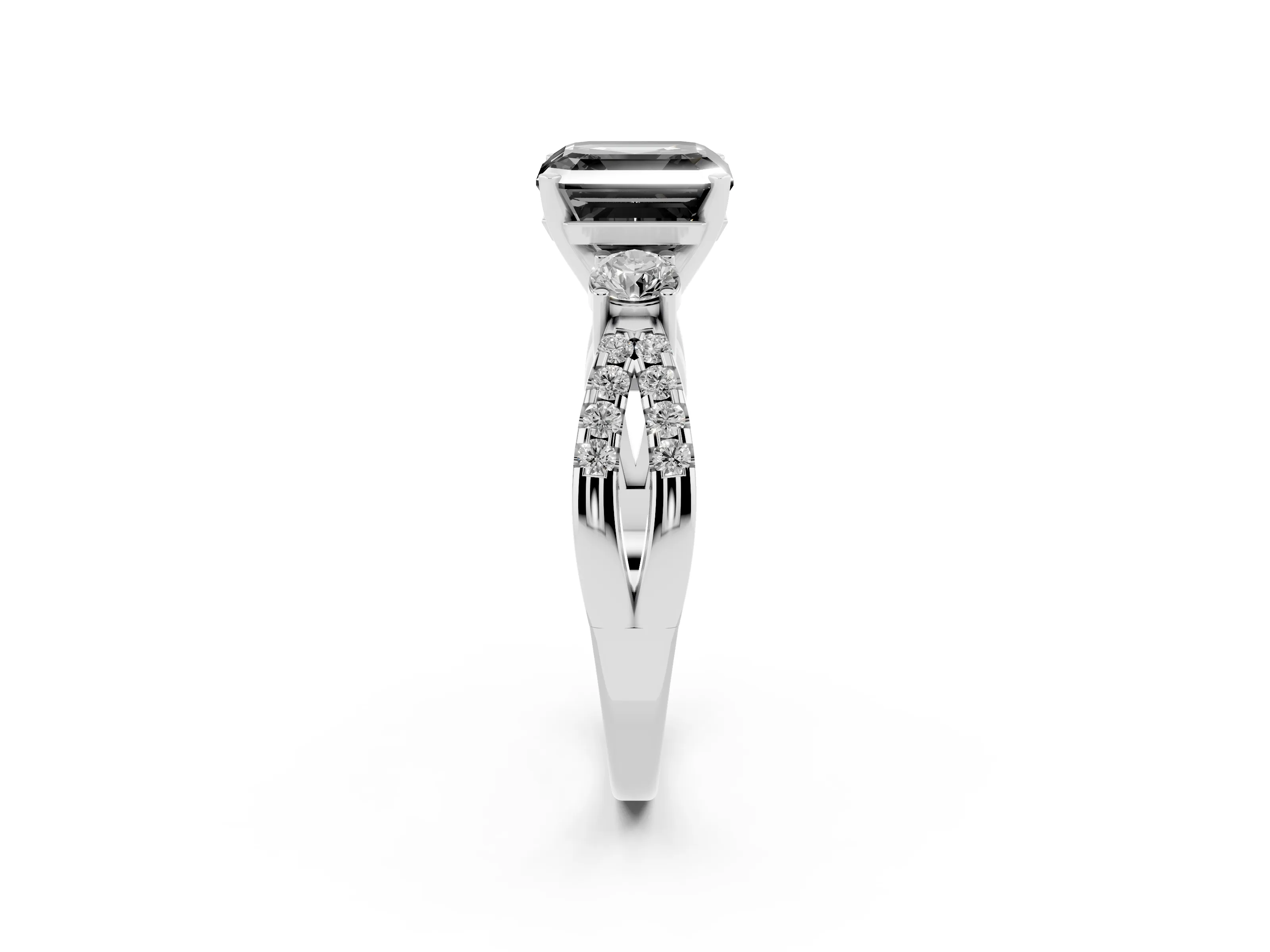 Fancy Black Asscher Cut Diamond Three-Stone Ring Set in Platinum with Pavé Split Shank and Prong Setting