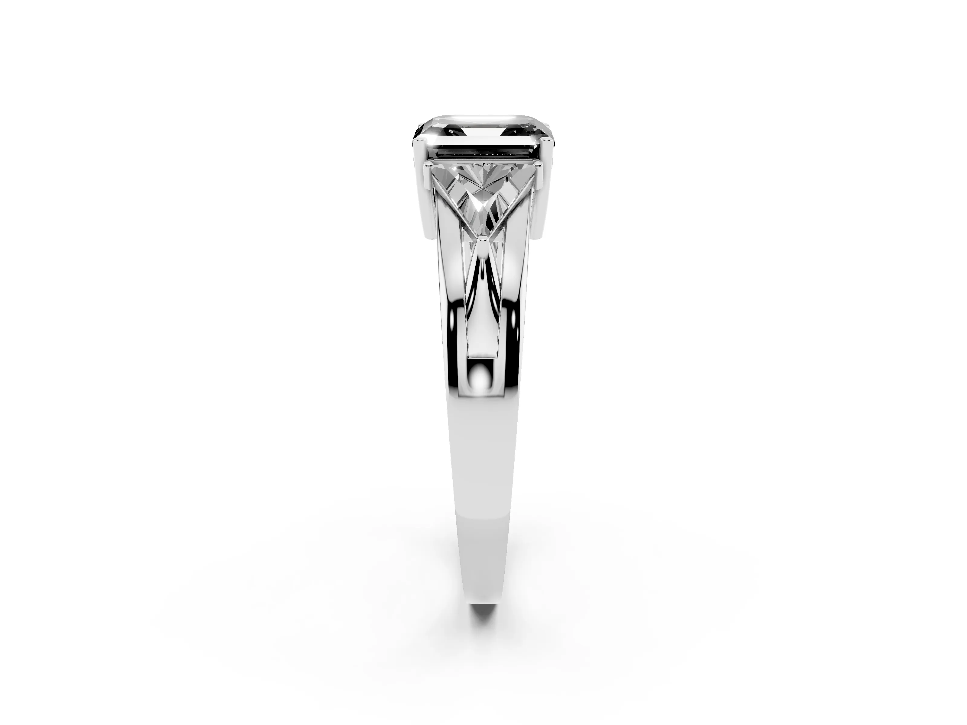 Fancy Black Asscher Cut Diamond Three-Stone Ring Set in Platinum with Trillion Side Stones and Split Shank
