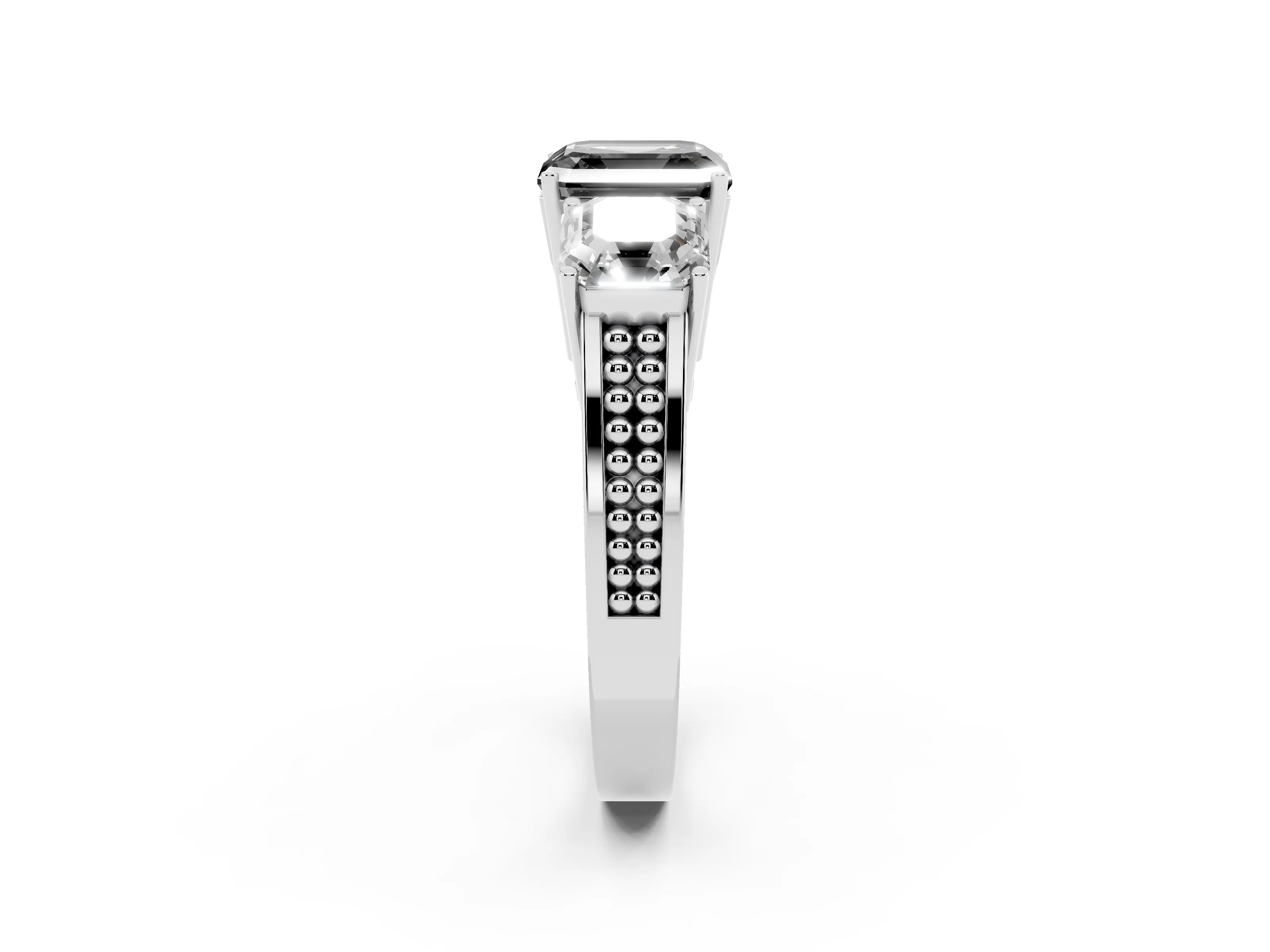 Fancy Black Asscher Cut Diamond Three-Stone Ring Set in White gold with Textured Band