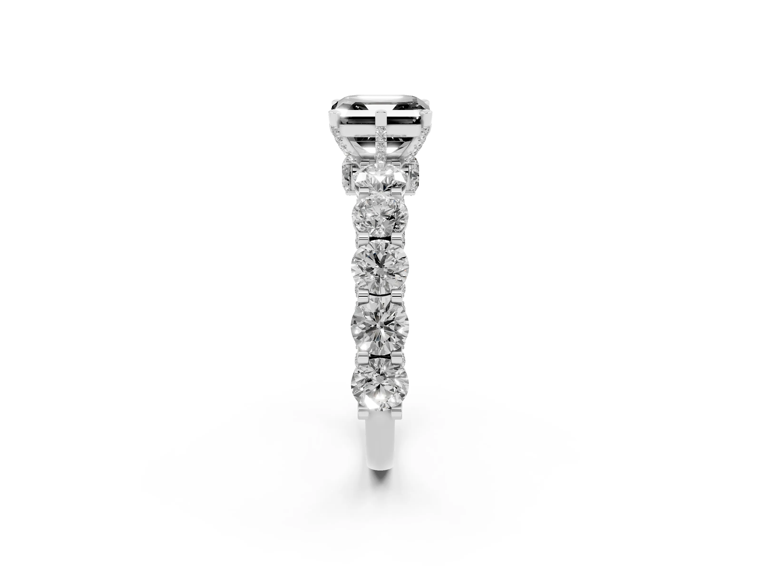 Fancy Black Asscher Cut Diamond Side Stone Ring Set in Silver with Alternating Round and Oval Side Stones