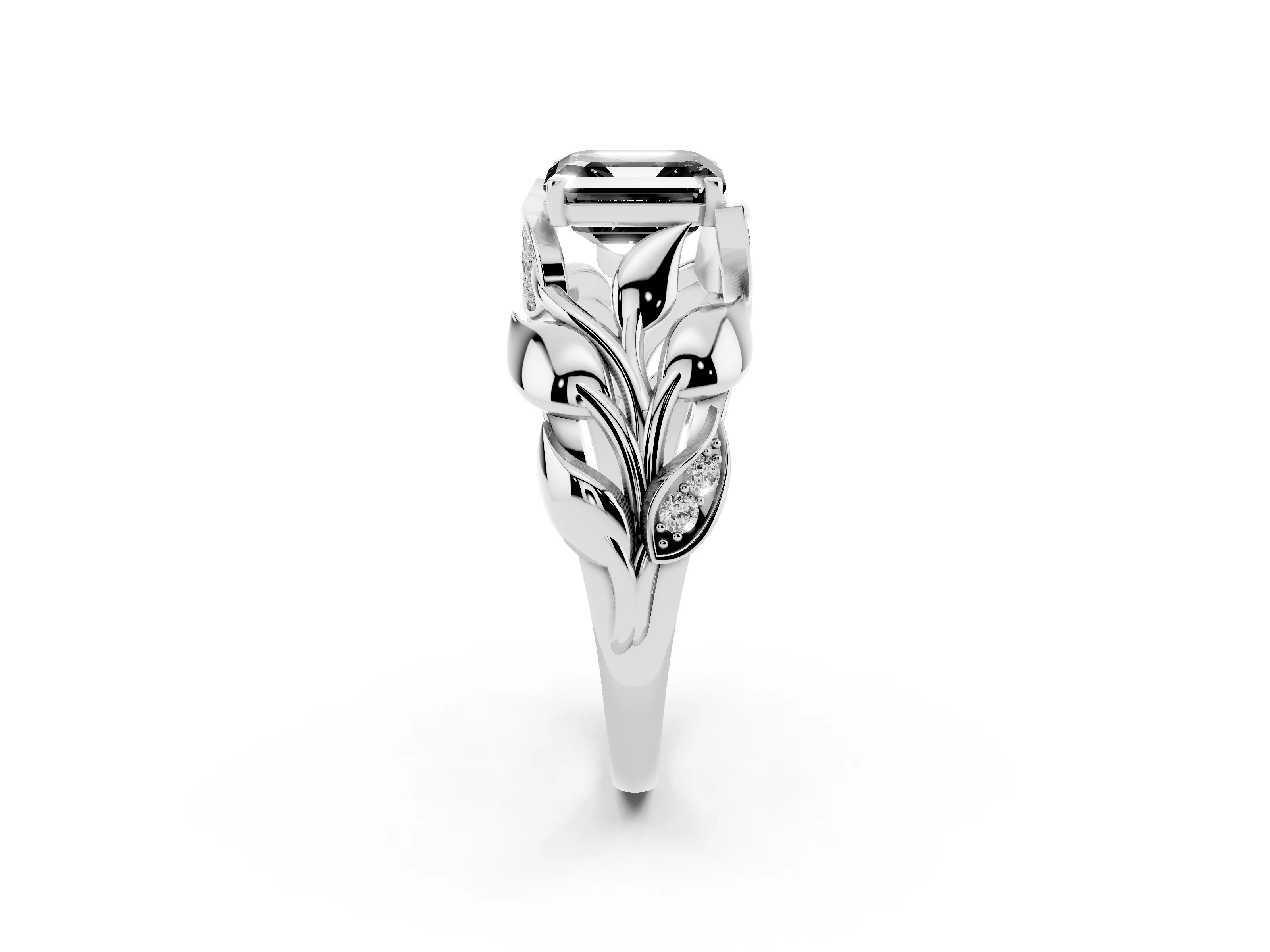 Fancy Black Asscher Cut Diamond Leaf-Inspired Engagement Ring Set in Silver with Round Accents